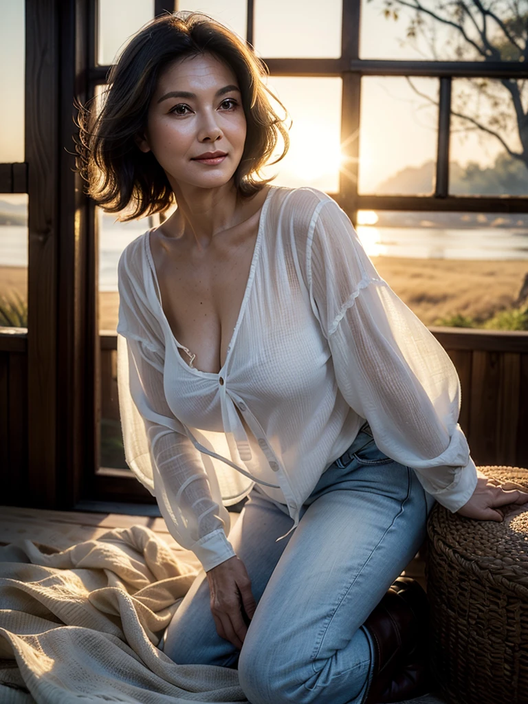 (masterpiece:1.4),mature woman, old lady, (Beautiful 67 year old woman:1.5),(Facial wrinkles : 1.2),(white sheer linen shirt with front open : 1.2), (bra : 1.1), jeans, leather boots, blanket, (plump body : 1), extremely white skin, pores, skin blemishes, dull skin, gentle smile, wavy hair, enormous saggy breasts, (hanging breasts), on a barn, detailed backgrounds, sunrise, backlighting