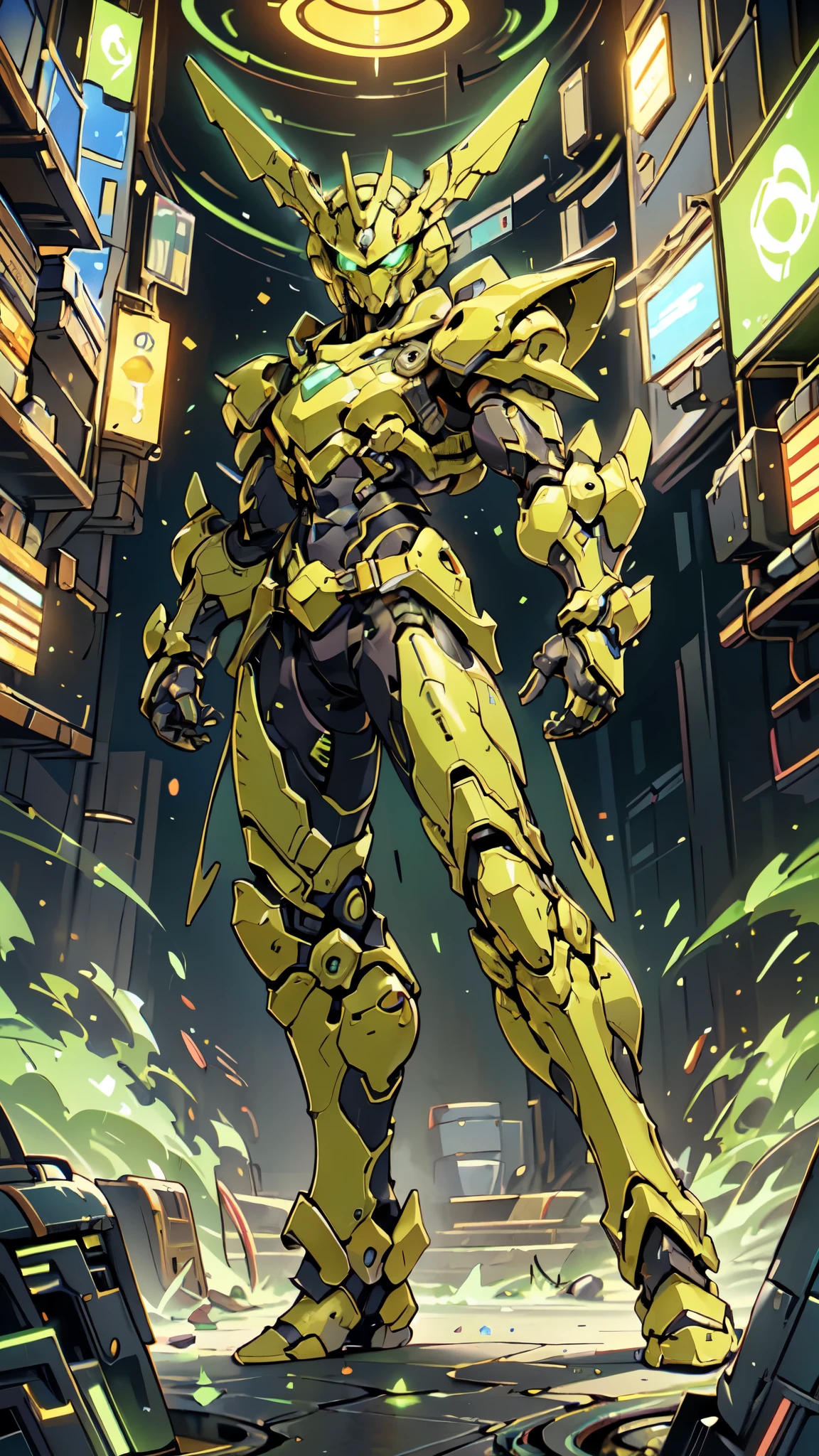 (masterpiece:1.5, best quality:1.5, extremely delicate:1.5, foreshortening:1.5, dynamic angle:1.5), a man wearing a full-face helmet, a fantasy-style biotech armored combat suit, green eyes, (a composite layered chest armor), fully enclosed shoulder guards, matching arm and leg guards, the belt is adorned with neon circuitry, (the color scheme is primarily black with green white accents), the design balances heavy with agility, a high-tech bio-mecha armor, (Armor Concept Inspired by neon Cyberpunk, stand on the top of a skyscraper in a futuristic sci-fi city), this character embodies a finely crafted fantasy-surreal style armored hero in anime style, exquisite and mature manga art style, (element, plasma, energy, the armor glows), ((male:1.5)), metallic, high definition, highres, ultra-detailed, ultra-fine painting, professional, perfect body proportions, golden ratio, anatomically correct, symmetrical face, extremely detailed eyes and face, high quality eyes, creativity, RAW photo, UHD, 32k, Natural light, cinematic lighting, masterpiece-anatomy-perfect