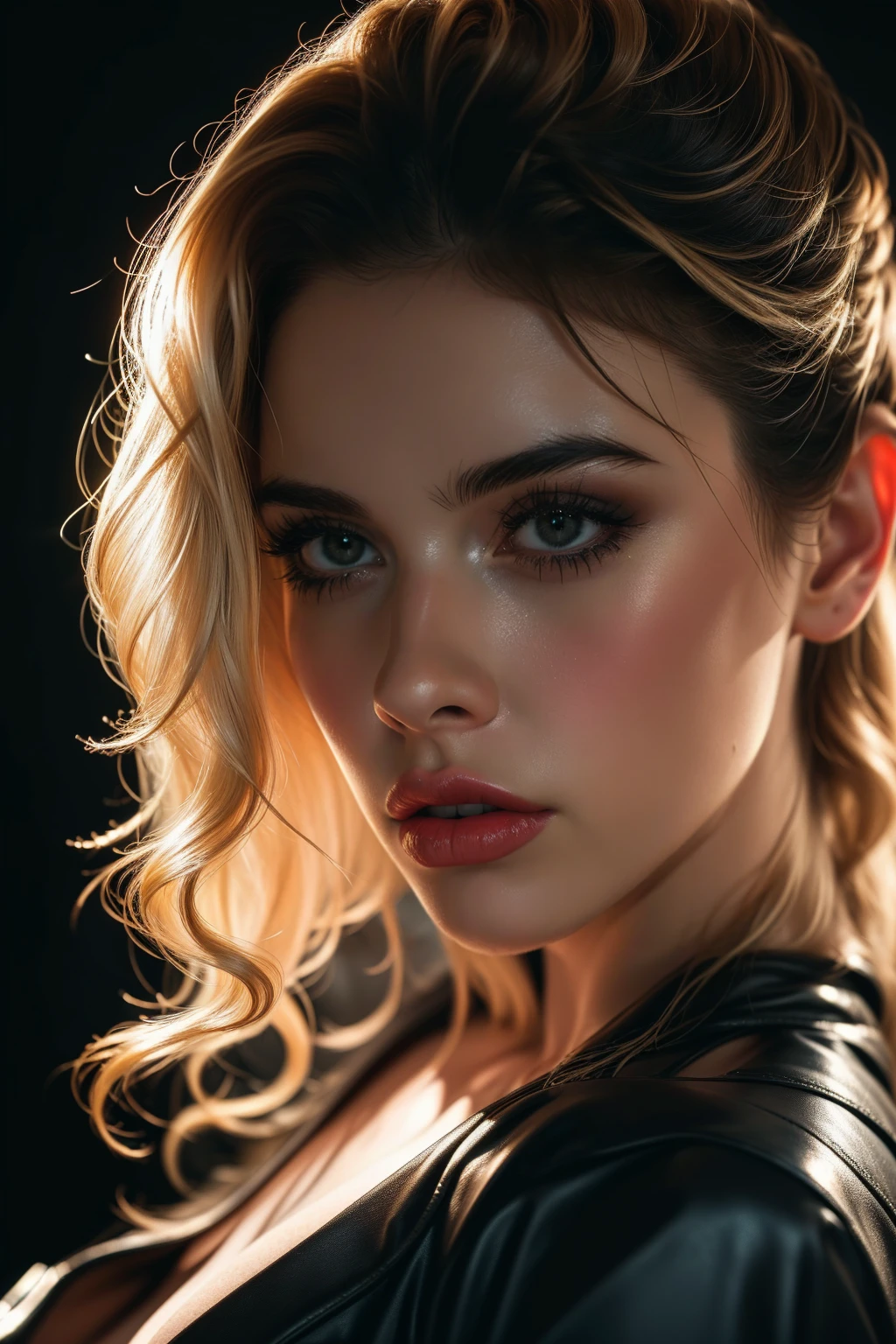 (((ultra realistic))) Photo, masterpiece, top quality, (pale skin), (Ultra detailed face and eyes:1.1), 1 girl, Adult, deep neckline, (Eye makeup, mascara) , ((large detailed lips)), ((pink wavy hair)), ((Chyolka)) , ((Natural breasts)). ((Posing)), photoshoot, studio ((contour light)), (The play of light and shadows), depth of field, bokeh, (special attention to skin detail: 1.2), (Cold atmosphere of the frame, Bright colors, Colours black), ((portrait, close to the camera)) , ultra detialed,