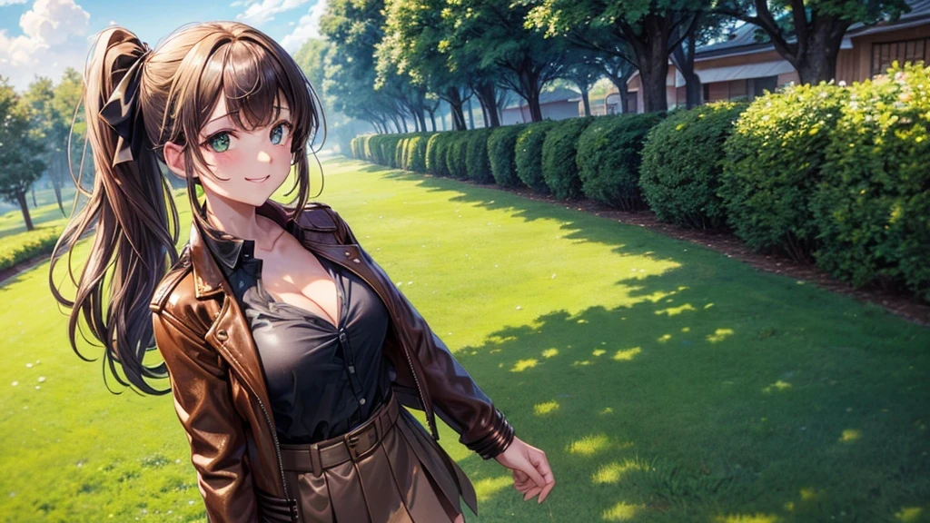 1girl, solo, full body, summer, village, trees, sun, clouds, ((colorful hair)), side ponytail, large breasts, ((brown leather jacket)), button down shirt, ((black shirt)), ((unbuttoned shirt)), unbuttoning buttons, cleavage 1:3 green eyes, grey skirt, smile, happy, looking at the viewer, standing, hair ribbon, golden necklate