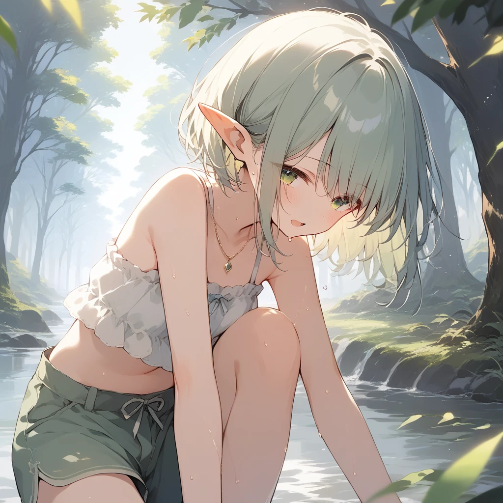 score_9, score_8_up, score_7_up, source_anime, best quality, masterpiece, official art, absurdres, highres, ultra-detailed,waifu2x,Collection: Slice of Life,break,1girl, elf, short hair, slender, androgynous, small breasts, beautiful detailed eyes, green shorts, sweat, open mouth, sleepily, outdoors, forest, spring,break,(clear line illustration:1.2), super detailed skin,very high resolution, very aesthetic, Best sexual lighting powered by famous artist, 8k,cute picture,beauty illustration,photoshop_(medium),,(Detailed Lighting),best anime 8k konachan wallpaper, pixiv contest winner,