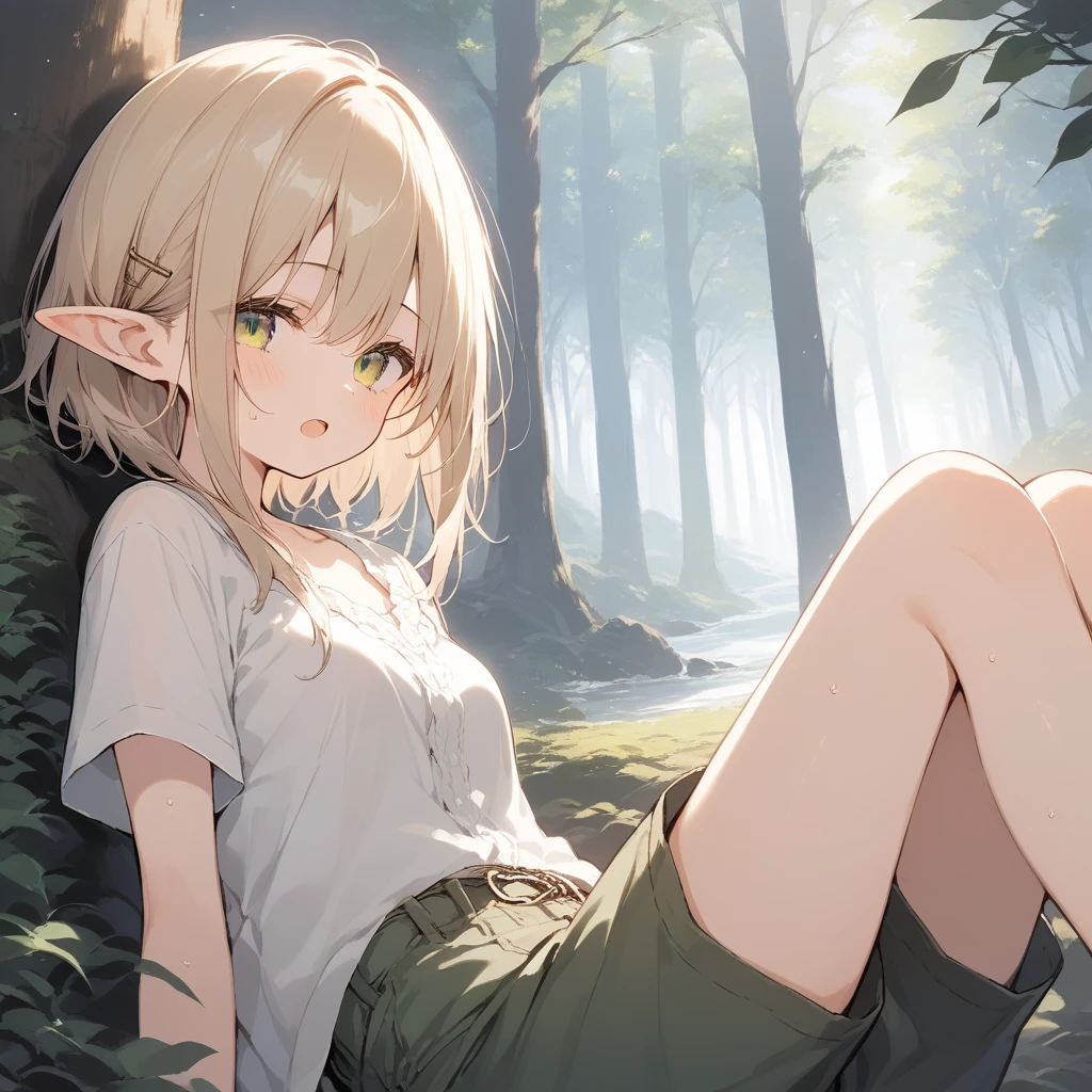 score_9, score_8_up, score_7_up, source_anime, best quality, masterpiece, official art, absurdres, highres, ultra-detailed,waifu2x,Collection: Slice of Life,break,1girl, elf, short hair, slender, androgynous, small breasts, beautiful detailed eyes, green shorts, sweat, open mouth, sleepily, outdoors, forest, spring,break,(clear line illustration:1.2), super detailed skin,very high resolution, very aesthetic, Best sexual lighting powered by famous artist, 8k,cute picture,beauty illustration,photoshop_(medium),,(Detailed Lighting),best anime 8k konachan wallpaper, pixiv contest winner,