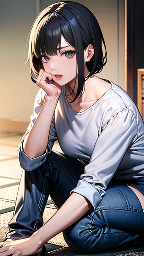 People are also generated vertically.。Create a highly detailed image of a mysterious and thoughtful young man crouching。The character has spiky black hair、Big expressive eyes and bears、And has pale skin。He is wearing a loose fitting white long sleeve shirt and dark blue jeans。The pose is unique、One hand to the mouth、The other hand is on the ground for balance.、I&#39;m barefoot。The background is minimalist white.、Emphasize your character&#39;s unique look and thoughtfulness。The lighting is soft.、Highlights the character&#39;s pensive expression and unique posture。The background is a bit horror。