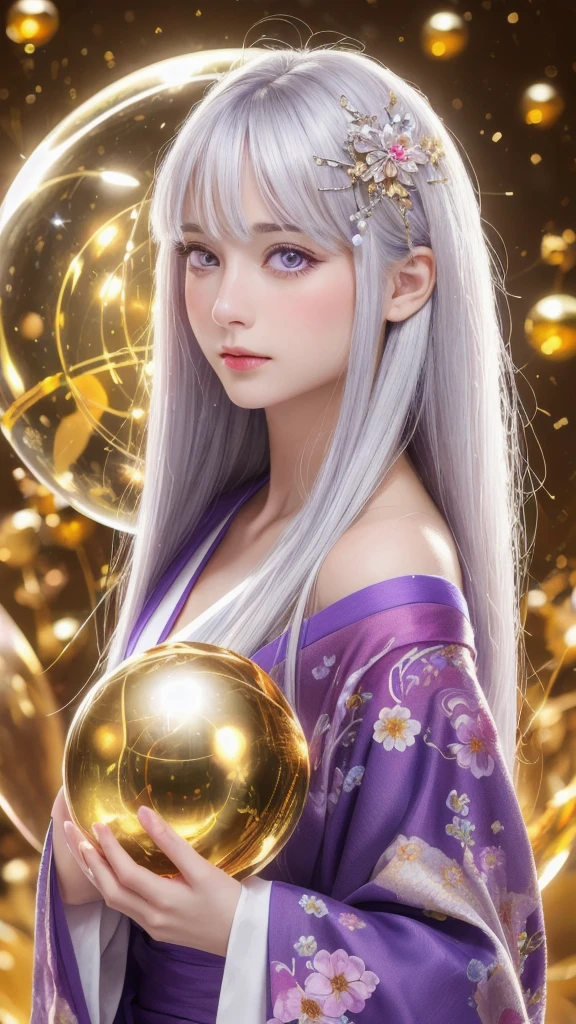 (masterpiece:1.3), (8k, photorealistic, raw photo, highest quality:1.4), (one girl), beautiful face, (realistic face), (long hair), (silver hair, near white hair, shiny hair, beautiful straight hair), (even bangs), (sharp bangs), straight hairstyle, realistic eyes, beautiful detailed eyes (purple eyes), (sharp eyes), (realistic skin), beautiful skin, (kimono), (magician's kimono), (flower hair ornament), attractive, ultra high resolution, ultra realistic, highly detailed, golden ratio, colorful background, (flowers blooming), (energy dancing background), magician, facing forward, facing from shoulders, looking straight ahead, both shoulders facing towards you, holding crystal ball, (heart crystal ball, love crystal ball).