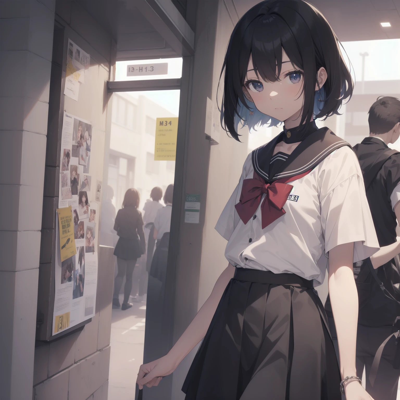 ultra-absurdres-Top quality by artist God, ultra-detailed, high resolution, anime moe artstyle, best anime 8k konachan wallpaper, pixiv contest winner, pool:2810, perfect anatomy,break, 1girl, (Please draw a girl walking sleepily to school alone. )break,(Solo,little female, -yeld:1.Full limbs, complete fingers,a junior hihort hair), short cut, flat chest, , small butt, small black eyes, beautiful detailed eyes, well-proportioned iris and pupils, expressive eyes, highres detailed hair, soft expression, salor school_uniform, sailor collar, serahuku, bow, pleated skirt,(Detailed Lighting), (Detailed background), in the School commute route. break,super detailed skin, Best cinematic lighting powered by famous artist, 8k,beauty illustration,photoshop_(medium),very aesthetic,break,((artist:tomose_shunsaku )), artist:clamp ,artist:carnelian ,artist:kantoku ,
