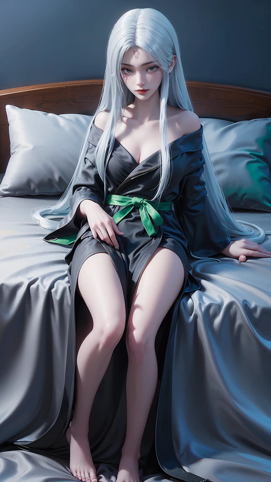 一个女孩Lying in bed,Dressed in suspender pajamas,Face up,Raise your legs slightly,Front view super detailed beautiful big breasted girl 16 years old. Ultra HD, 4K, 8K, Movie,whole body,Lying down,Long legs,Very big breasts,whole body捕捉,(((Lying in bed))),(((whole bodyLying in bed))),big bed,Off-shoulder,Shoulder-length skirt,Lying in bed,Sleeping on the pillow,Lying down,Headrest pillows,(((平Lying in bed))),whole body平Lying in bed,(((White long hair))),(((Green eyes)),((Black robe)),((Place one hand on your chest))