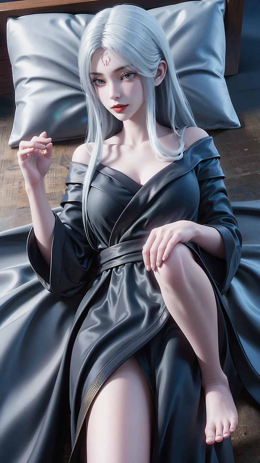 一个女孩Lying in bed，Dressed in suspender pajamas，Face up，Raise your legs slightly，Front view super detailed beautiful big breasted girl . Ultra HD, 4K, 8K, Movie，whole body，Lying down，Long legs，Very big breasts，whole body捕捉，（（（Lying in bed））），（（（whole bodyLying in bed））），big bed，Off-shoulder，Shoulder-length skirt，Lying in bed，Sleeping on the pillow，Lying down，Headrest pillows，（（（平Lying in bed））），whole body平Lying in bed，(((White long hair)))，(((Green eyes))，((Black robe))，((Place one hand on your chest))