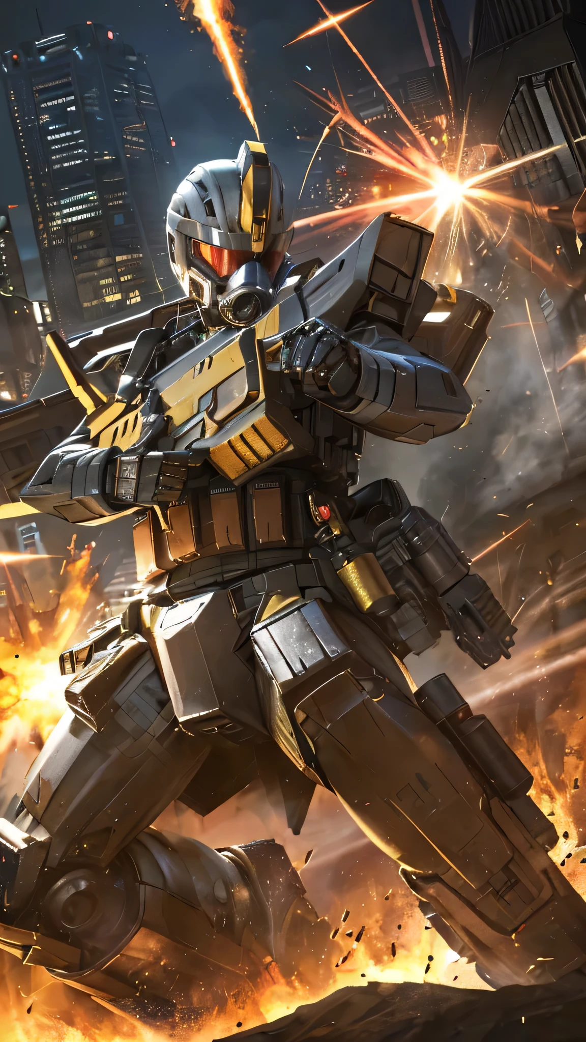 最high quality、Best image quality、masterpiece、Giant Mecha((humanoid、Railgun、Bulletproof vest、Jetpack、Red visor、Run、Chainsaw,Covered in scars,gas mask、Gold Color、Fighting Pose))high quality、Beautiful art、background((City、explosion、Smokescreen)),Tabletop、Exquisite design、Visual Arts、Written boundary depth、Best lighting、The finest details、8k