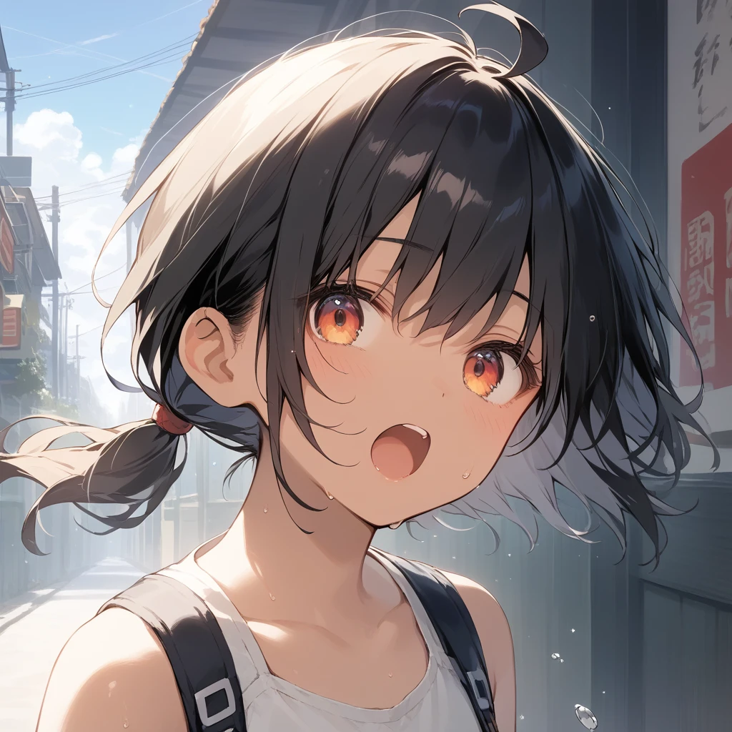 score_9, score_8_up, score_7_up, source_anime, best quality, masterpiece, official art, absurdres, highres, ultra-detailed,waifu2x,Collection: Slice of Life,break,1girl, tomboy, dark-skinned female, short hair, low ponytail, flat chest, beautiful detailed eyes, short shorts, sweat, open mouth, (yawn:0.3), sleepily, outdoors, wind,break,(clear line illustration:1.2), super detailed skin,very high resolution, very aesthetic, Best sexual lighting powered by famous artist, 8k,cute picture,beauty illustration,photoshop_(medium),,(Detailed Lighting),best anime 8k konachan wallpaper, pixiv contest winner,