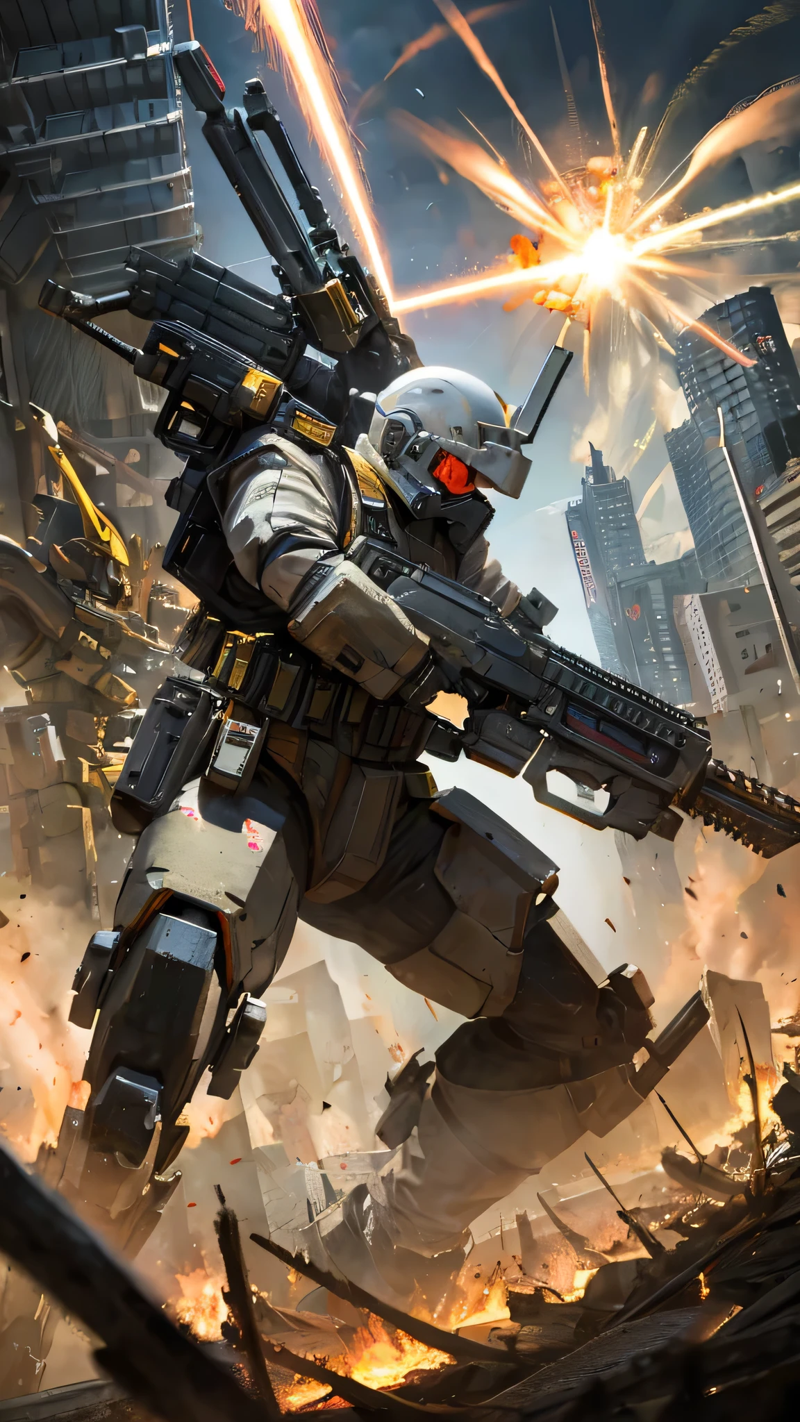 最high quality、Best image quality、masterpiece、Giant Mecha((humanoid、Railgun、Bulletproof vest、Jetpack、Red visor、Run、Chainsaw,Covered in scars,gas mask、Gold Color、Fighting Pose))high quality、Beautiful art、background((City、explosion、Smokescreen)),Tabletop、Exquisite design、Visual Arts、Written boundary depth、Best lighting、The finest details、8k