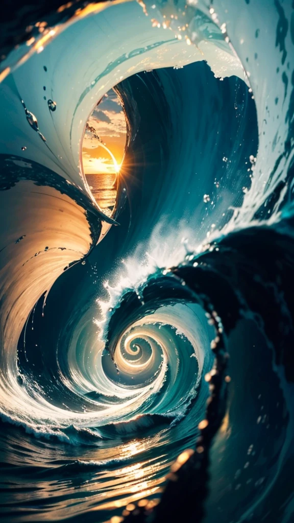 a close up of a aceno making a heart shape with the sun setting in the background, breathtaking aceno, stunning acenos, tube aceno, ocean aceno, aceno, incredible depth, beautiful image already created, beautiful acenos in sea, aceno breaking, linda arte, lindo papel de parede para iphone, ((acenos, ❤🌪, ocean acenos, inside the curl of a aceno))