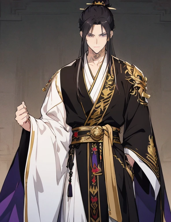 style of anime, one guy, proportions are correct, sword hanging on waist belt, Neck details, thereis adam's apple, face details, hair detail, eyes detail, Purple Eyes with a gold ring, Handsome, Handsome Clothing very grand and complicated, Male, Long hair that touches the small of his back , Curtain Bangs, Half updo, Sharp small nose, Long eyelashes, Simple small fire tattoo on forehead, Small plump bow like lips, Wears eyeliner, Tall, Broad shoulders, Not much muscle more on the lean side but enough muscle that shows he works out, Small waist, 1 small scar below his throat, Expression Intimidating scowl/glare but beautiful, Expensive ancient Chinese Robes black and gold with silver embroidery, Sleeves closed with armguards, Over robe is billowy and fluttery Black with Gold outlined seems and inners and silver embroidery, Expensive durable cultivation shoes with 3inch heels black with gold embroidery, high quality, refinement, a lot of details, background at castle training grounds, serious atmosphere
