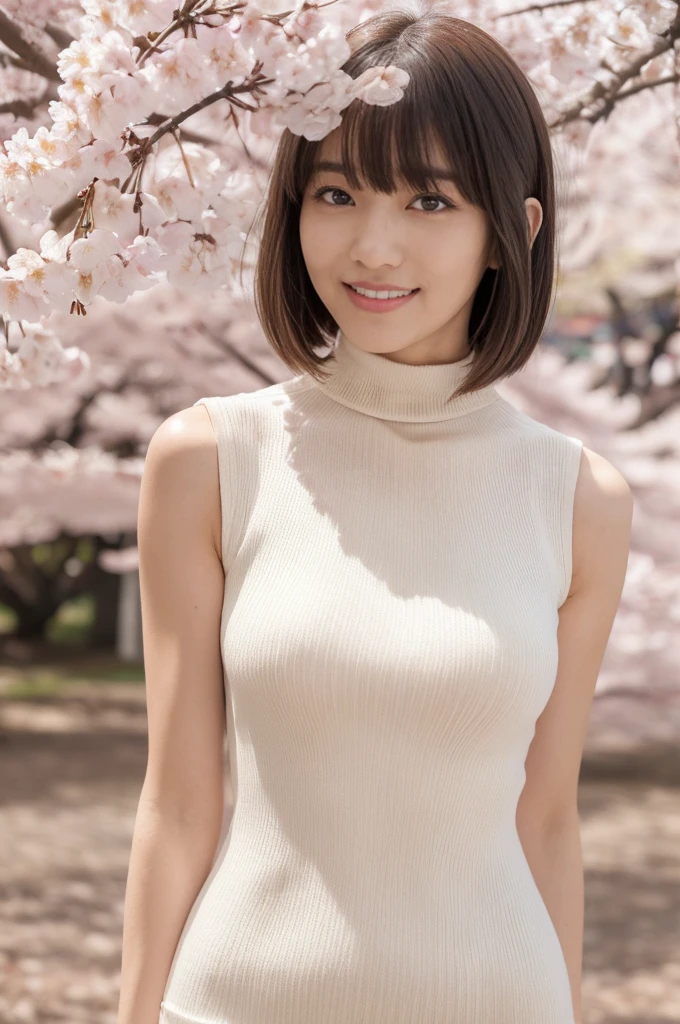 (masterpiece:1.3), high resolution, super detailed, highly detailed CG unity 8k wallpaper, realistic, photo-realistic, raw photo, beautiful detailed face, pale skin, realistic glistening skin, detailed cloth texture, detailed hair texture, perfect body, beautiful face, accurate, anatomically correct, highly detailed face and skin texture, natural neck length, (beautiful hands), full body portrait, breaking, fine eyes, symmetrical eyes, light brown eyes, double eyelids, thin eyebrows, (smile:1.2), (sexy lips:1.3), (glossy lips:1.4), breaking, (elegant and cute girl:1.3), ((wearing a sleeveless high neck halter white knit dress:1.3)), (fishnet stockings:1.2), (hard chest, shapely chest, slim figure:1.1), toned abs, (face waiting for a kiss:1.2), (smiling:1.1), (blonde, multi-colored short hair, ((swept bangs:1.2)), breaking, (standing under a cherry blossom tree:1.2), sunset, (focus on face:1.2), (cowboy shot), looking at viewer, (frontal:0.65)