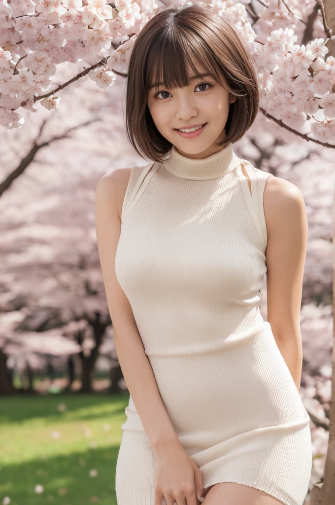 (masterpiece:1.3), high resolution, super detailed, highly detailed CG unity 8k wallpaper, realistic, photo-realistic, raw photo, beautiful detailed face, pale skin, realistic glistening skin, detailed cloth texture, detailed hair texture, perfect body, beautiful face, accurate, anatomically correct, highly detailed face and skin texture, natural neck length, (beautiful hands), full body portrait, breaking, fine eyes, symmetrical eyes, light brown eyes, double eyelids, thin eyebrows, (smile:1.2), (sexy lips:1.3), (glossy lips:1.4), breaking, (elegant and cute girl:1.3), ((wearing a sleeveless high neck halter white knit dress:1.3)), (fishnet stockings:1.2), (hard chest, shapely chest, slim figure:1.1), toned abs, (face waiting for a kiss:1.2), (smiling:1.1), (blonde, multi-colored short hair, ((swept bangs:1.2)), breaking, (standing under a cherry blossom tree:1.2), sunset, (focus on face:1.2), (cowboy shot), looking at viewer, (frontal:0.65)