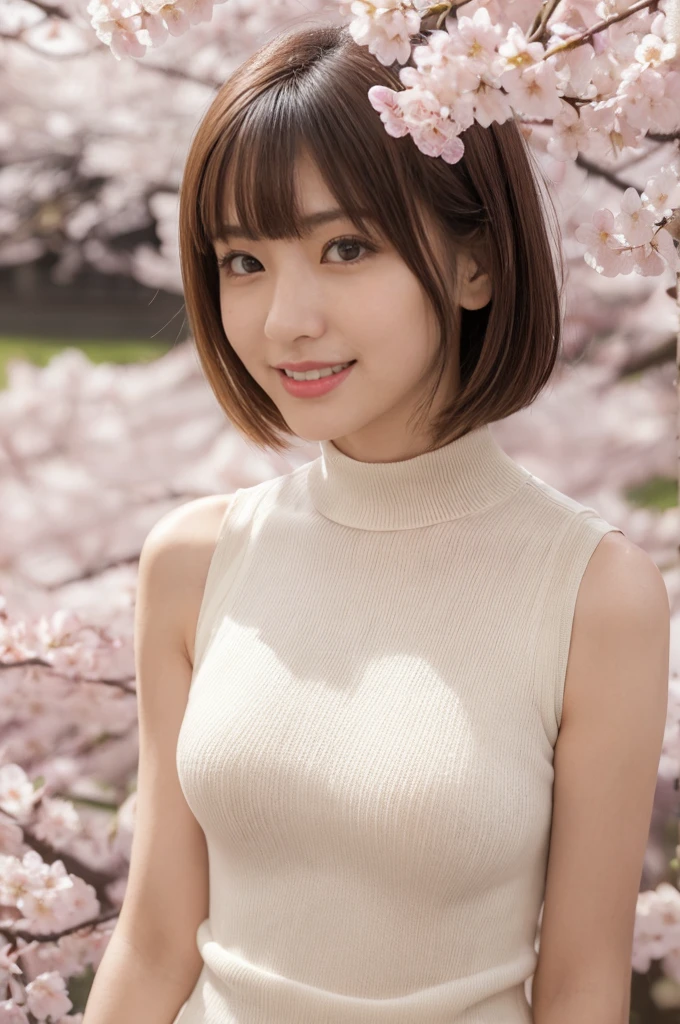 (masterpiece:1.3), high resolution, super detailed, highly detailed CG unity 8k wallpaper, realistic, photo-realistic, raw photo, beautiful detailed face, pale skin, realistic glistening skin, detailed cloth texture, detailed hair texture, perfect body, beautiful face, accurate, anatomically correct, highly detailed face and skin texture, natural neck length, (beautiful hands), full body portrait, breaking, fine eyes, symmetrical eyes, light brown eyes, double eyelids, thin eyebrows, (smile:1.2), (sexy lips:1.3), (glossy lips:1.4), breaking, (elegant and cute girl:1.3), ((wearing a sleeveless high neck halter white knit dress:1.3)), (fishnet stockings:1.2), (hard chest, shapely chest, slim figure:1.1), toned abs, (face waiting for a kiss:1.2), (smiling:1.1), (blonde, multi-colored short hair, ((swept bangs:1.2)), breaking, (standing under a cherry blossom tree:1.2), sunset, (focus on face:1.2), (cowboy shot), looking at viewer, (frontal:0.65)