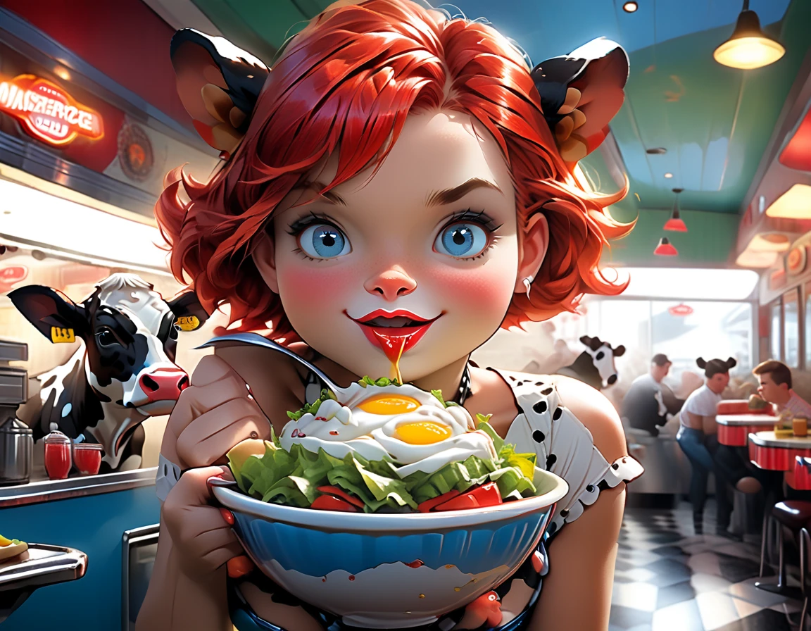a 3D digital painting picture of extremely beautiful  (anthropomorphic cpw:1.3) serving a big bowl of salad in American diner, an exquisite beautiful female (cow anthropomorphic:1.3), ultra feminine ultra detailed face, red hair, short hair, little fury, red lips, blue eyes, wearing sexy white seductive latex dress, looking at a American  kitchen background,  dynamic angle, , award winning, best quality, high quality, high details, highres, vibrant, Ultra-high resolution, High Contrast, (masterpiece:1.5), highest quality, Best aesthetics, best details, best quality, highres, ultra wide angle, 16k, [ultra detailed], masterpiece, best quality,  photorealistic, 3D rendering, furry