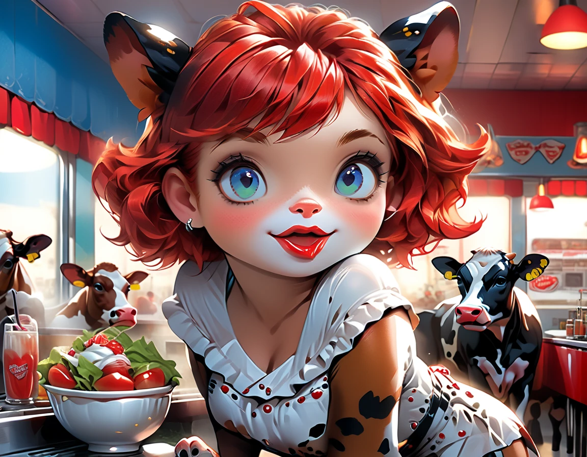 a 3D digital painting picture of extremely beautiful  (anthropomorphic cpw:1.3) serving a big bowl of salad in American diner, an exquisite beautiful female (cow anthropomorphic:1.3), ultra feminine ultra detailed face, red hair, short hair, little fury, red lips, blue eyes, wearing sexy white seductive latex dress, looking at a American  kitchen background,  dynamic angle, , award winning, best quality, high quality, high details, highres, vibrant, Ultra-high resolution, High Contrast, (masterpiece:1.5), highest quality, Best aesthetics, best details, best quality, highres, ultra wide angle, 16k, [ultra detailed], masterpiece, best quality,  photorealistic, 3D rendering, furry
