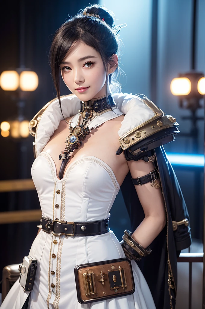 Woman portrait、Highest quality、Rear view、8K,Detailed face, clear, Fine skin、Clear, beautiful eyes、whole body、Curly Hair、My hair was messed up by the wind、The beauty of a smile、(Glamorous Muscle、tall),(Hip_superior, Hip superior), Mature Woman,( Watching the audience),Realistic, High resolution, Soft Light,1 female, alone, Hipアップ, Glowing Skin, (Detailed face), Sexy smile, Perfect Style, Perfect balance,Black hair,ponytail,Naughty look,((Steampunk Japanese Clothes,Mature Woman)),(Red Mecha, High-tech Mecha,Beautiful steampunk cyborg woman,Steampunk Mecha Cyborg Girl,Steampunk light blue and white Japanese clothes,white dress shirt、buttons、Short jeweled tie、Gemstone Helmet,belt steampunk bodystocking,High leg,Lavish decoration,Steampunk dress、gloves,),((arms behind back)),(bokeh),(studio lighting)