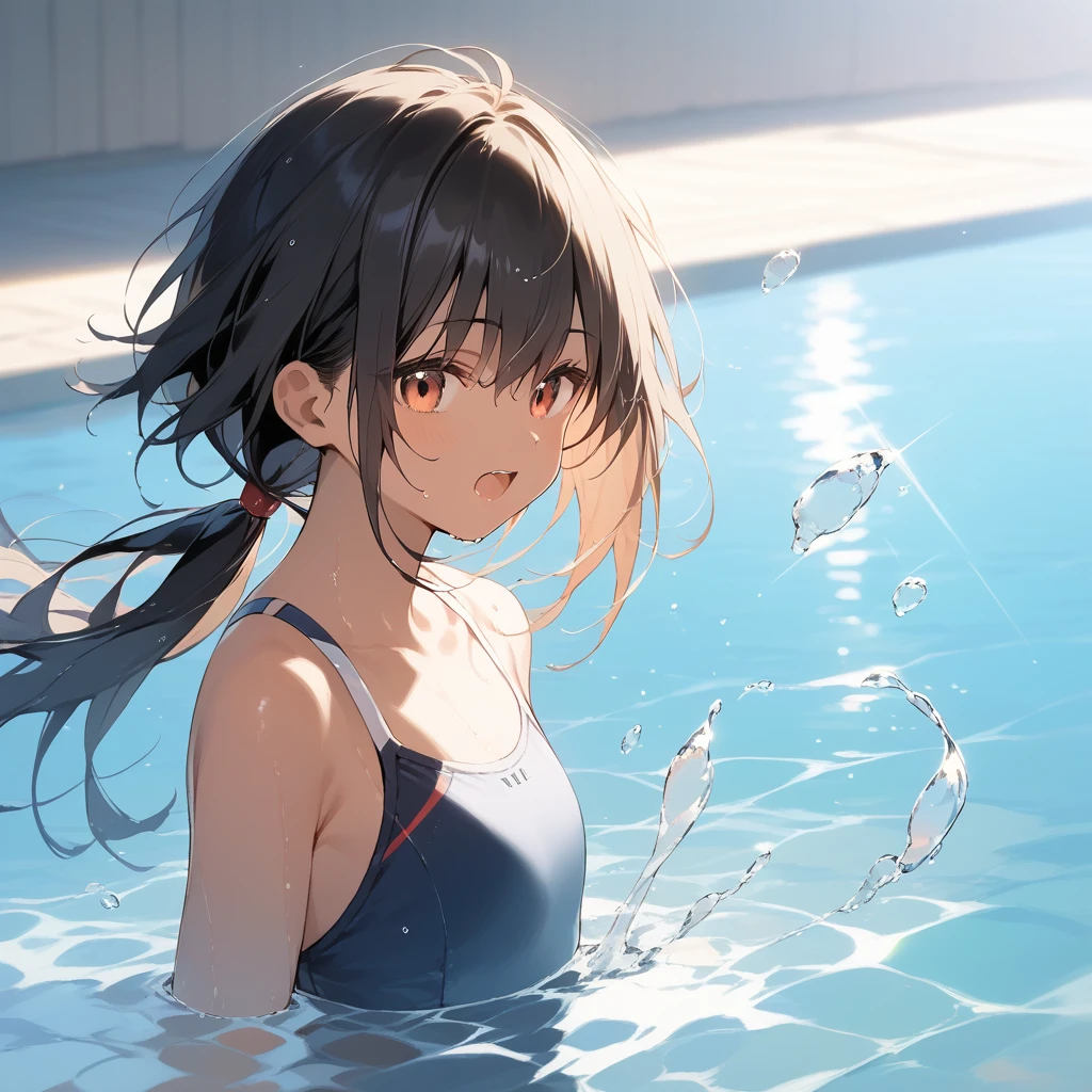 score_9, score_8_up, score_7_up, source_anime, best quality, masterpiece, official art, absurdres, highres, ultra-detailed,waifu2x,Collection: Slice of Life,break,1girl, tomboy, dark-skinned female, short hair, low ponytail, flat chest, beautiful detailed eyes, swimsuit, wet, open mouth, (yawn:0.3), sleepily, water, outdoors, wind,break,(clear line illustration:1.2), super detailed skin,very high resolution, very aesthetic, Best sexual lighting powered by famous artist, 8k,cute picture,beauty illustration,photoshop_(medium),,(Detailed Lighting),best anime 8k konachan wallpaper, pixiv contest winner,