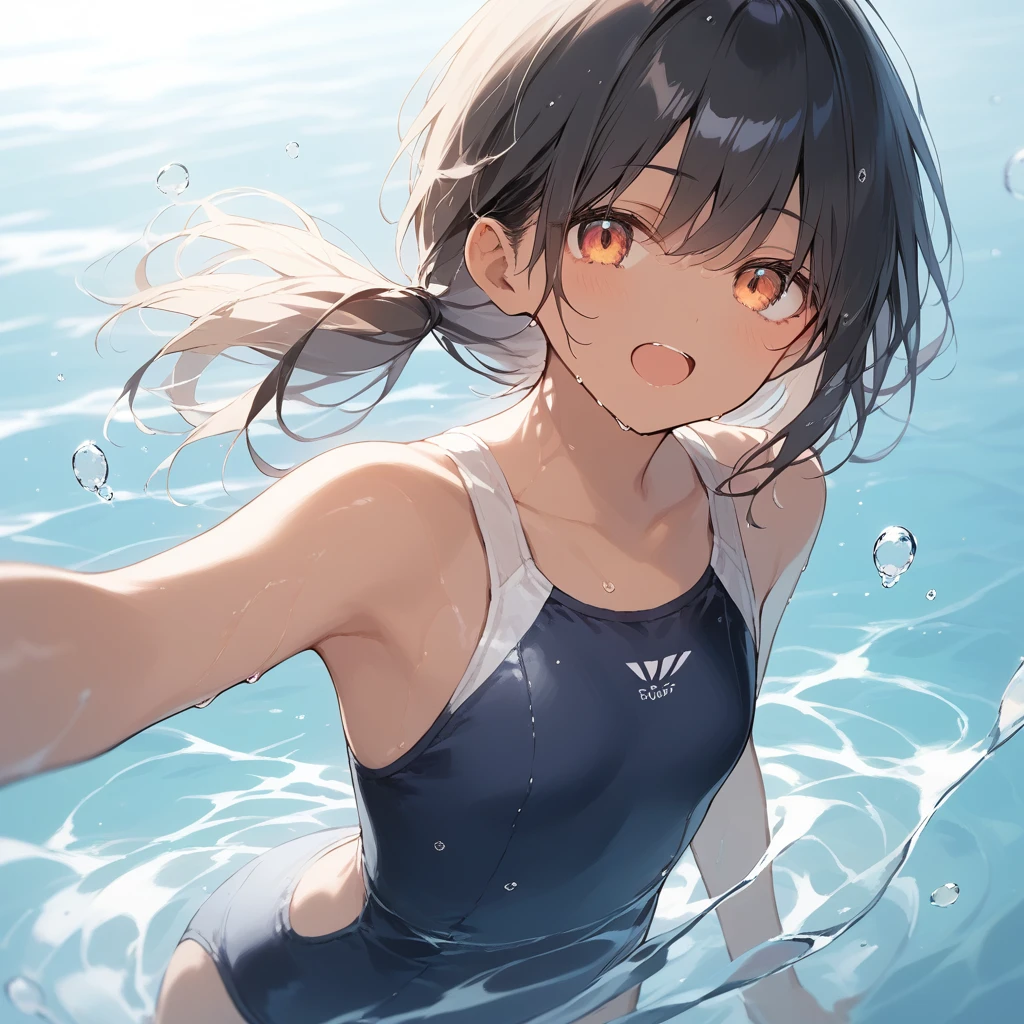 score_9, score_8_up, score_7_up, source_anime, best quality, masterpiece, official art, absurdres, highres, ultra-detailed,waifu2x,Collection: Slice of Life,break,1girl, tomboy, dark-skinned female, short hair, low ponytail, flat chest, beautiful detailed eyes, swimsuit, wet, open mouth, (yawn:0.3), sleepily, water, outdoors, wind,break,(clear line illustration:1.2), super detailed skin,very high resolution, very aesthetic, Best sexual lighting powered by famous artist, 8k,cute picture,beauty illustration,photoshop_(medium),,(Detailed Lighting),best anime 8k konachan wallpaper, pixiv contest winner, 