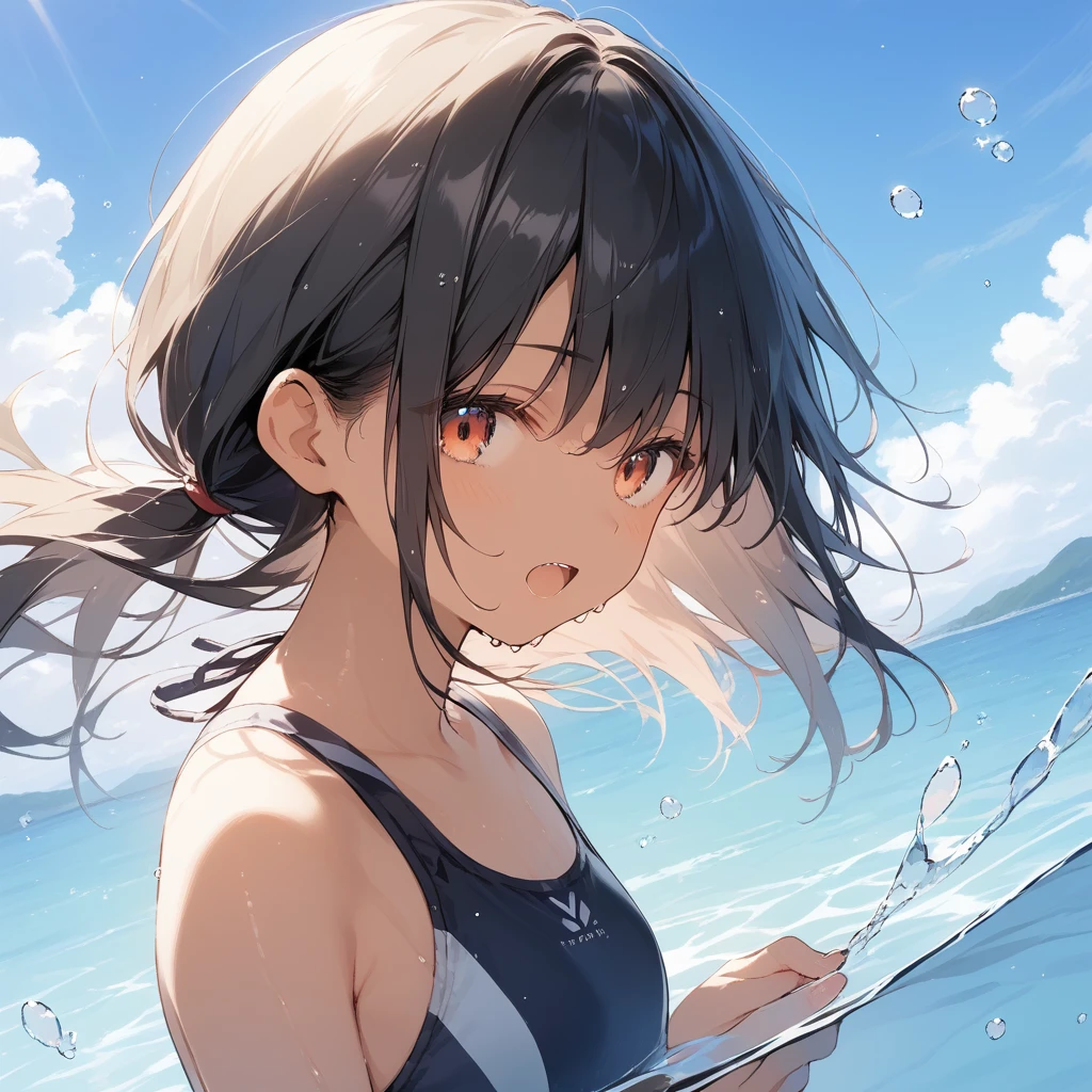 score_9, score_8_up, score_7_up, source_anime, best quality, masterpiece, official art, absurdres, highres, ultra-detailed,waifu2x,Collection: Slice of Life,break,1girl, tomboy, dark-skinned female, short hair, low ponytail, flat chest, beautiful detailed eyes, swimsuit, wet, open mouth, (yawn:0.3), sleepily, water, outdoors, wind,break,(clear line illustration:1.2), super detailed skin,very high resolution, very aesthetic, Best sexual lighting powered by famous artist, 8k,cute picture,beauty illustration,photoshop_(medium),,(Detailed Lighting),best anime 8k konachan wallpaper, pixiv contest winner,