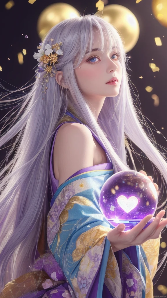 (masterpiece:1.3), (8k, photorealistic, raw photo, highest quality:1.4), (one girl), beautiful face, (realistic face), (long hair), (silver hair, near white hair, shiny hair, beautiful straight hair), (even bangs), (sharp bangs), straight hairstyle, realistic eyes, beautiful detailed eyes (purple eyes), (sharp eyes), (realistic skin), beautiful skin, (kimono), (magician's kimono), (flower hair ornament), attractive, ultra high resolution, ultra realistic, highly detailed, golden ratio, colorful background, (flowers blooming), (energy dancing background), magician, facing forward, facing from shoulders, looking straight ahead, both shoulders facing towards you, holding crystal ball, (heart crystal ball, love crystal ball).