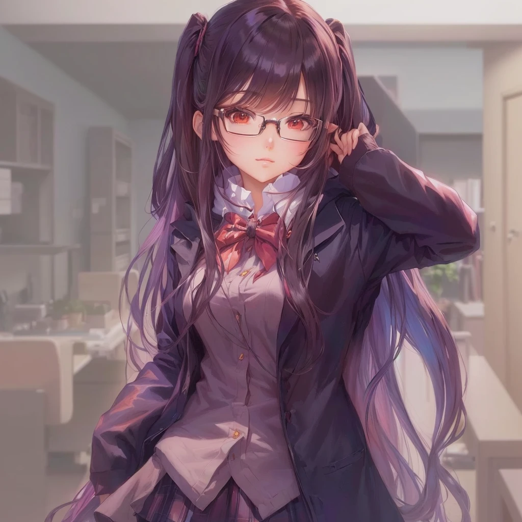 Anime Girls with long hair and glasses posing in a room, Anime Moe Art Style, Anime Girls with long hair, Anime Style 4k, Gweiz-style artwork, Smooth anime CG art, (Anime Girls), Painted in an anime artist's studio, an Anime Girls, Beautiful anime school girl, Created by Anime Painter Studio, portrait Anime Girls, Anime Girls