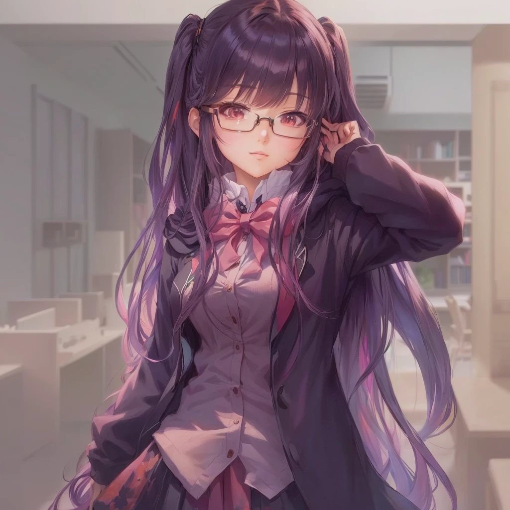 Anime Girls with long hair and glasses posing in a room, Anime Moe Art Style, Anime Girls with long hair, Anime Style 4k, Gweiz-style artwork, Smooth anime CG art, (Anime Girls), Painted in an anime artist's studio, an Anime Girls, Beautiful anime school girl, Created by Anime Painter Studio, portrait Anime Girls, Anime Girls