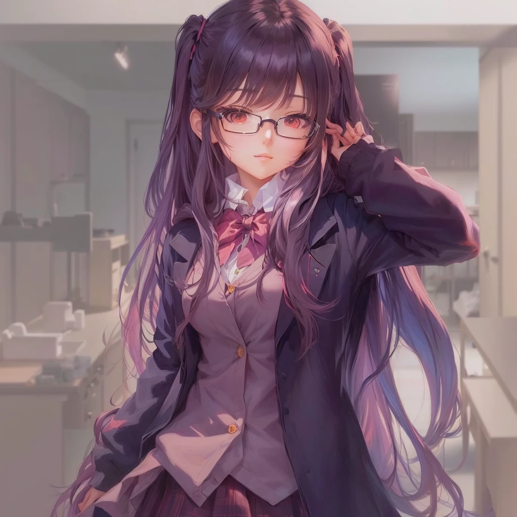 Anime Girls with long hair and glasses posing in a room, Anime Moe Art Style, Anime Girls with long hair, Anime Style 4k, Gweiz-style artwork, Smooth anime CG art, (Anime Girls), Painted in an anime artist&#39;s studio, an Anime Girls, Beautiful anime school girl, Created by Anime Painter Studio, portrait Anime Girls, Anime Girls