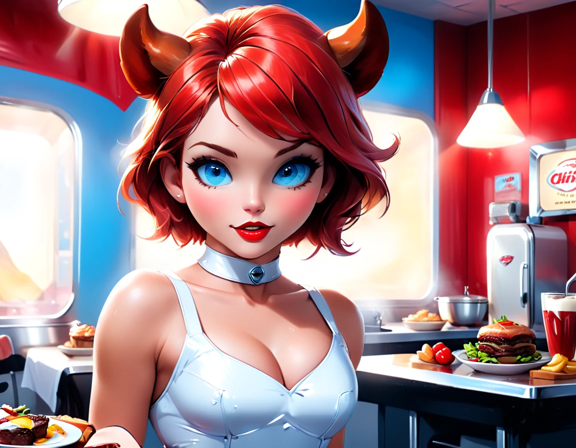 a 3D digital painting picture of extremely beautiful  (anthropomorphic cpw:1.3) serving a big sirloin steak in American diner, an exquisite beautiful female (cow anthropomorphic:1.3), ultra feminine ultra detailed face, red hair, short hair, little fury, red lips, blue eyes, wearing sexy white seductive latex dress, looking at a American  kitchen background,  dynamic angle, , award winning, best quality, high quality, high details, highres, vibrant, Ultra-high resolution, High Contrast, (masterpiece:1.5), highest quality, Best aesthetics, best details, best quality, highres, ultra wide angle, 16k, [ultra detailed], masterpiece, best quality,  photorealistic, 3D rendering, furry