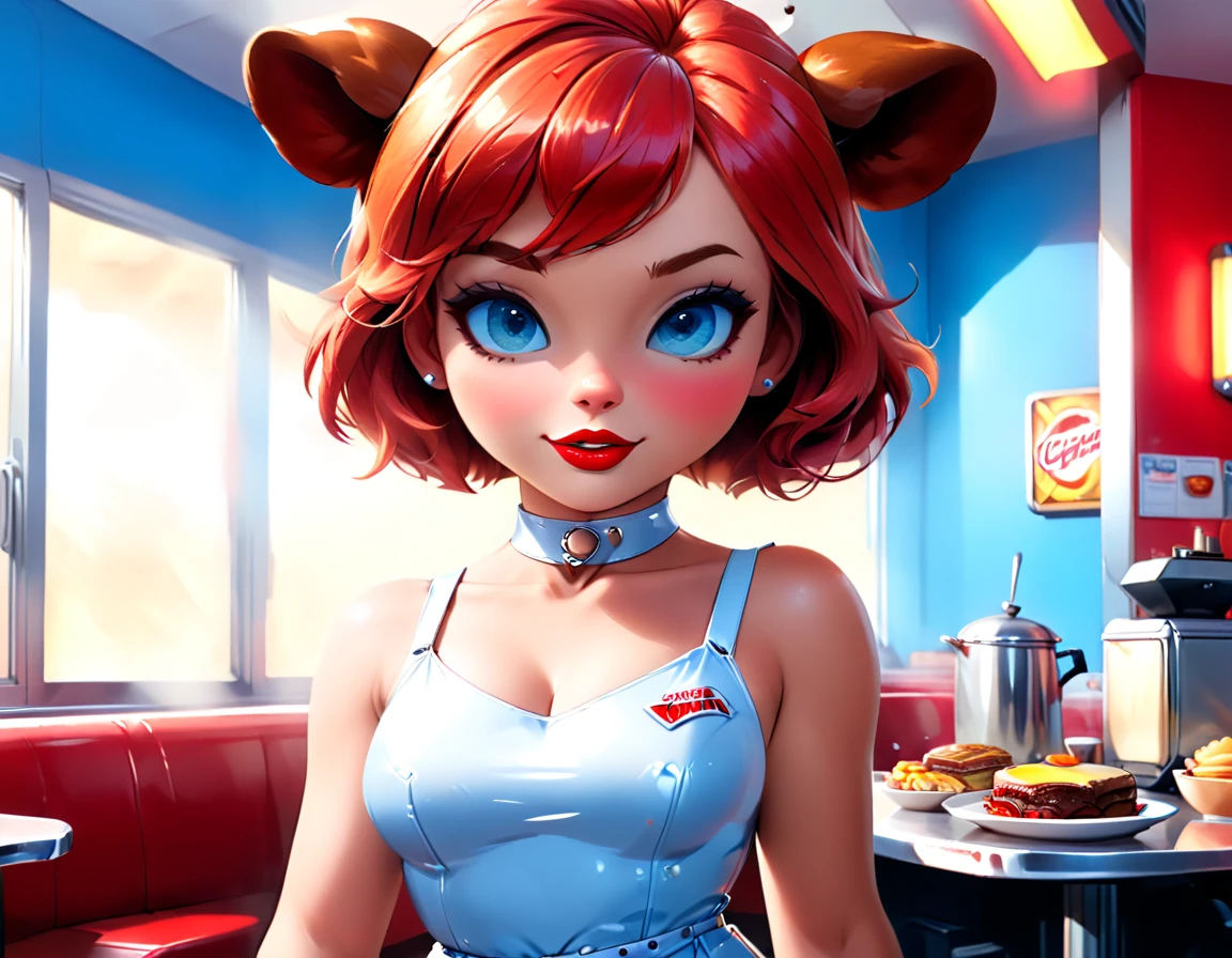 a 3D digital painting picture of extremely beautiful  (anthropomorphic cpw:1.erving a big sirloin steak in American diner, an exquisite beautiful female (cow anthropomorphic:1.3), ultra feminine ultra detailed face, red hair, short hair, little fury, red lips, blue eyes, wearing sexy white seductive latex dress, looking at a American  kitchen background,  dynamic angle, , award winning, best quality, high quality, high details, highres, vibrant, Ultra-high resolution, High Contrast, (masterpiece:1.5), highest quality, Best aesthetics, best details, best quality, highres, ultra wide angle, 16k, [ultra detailed], masterpiece, best quality,  photorealistic, 3D rendering, furry