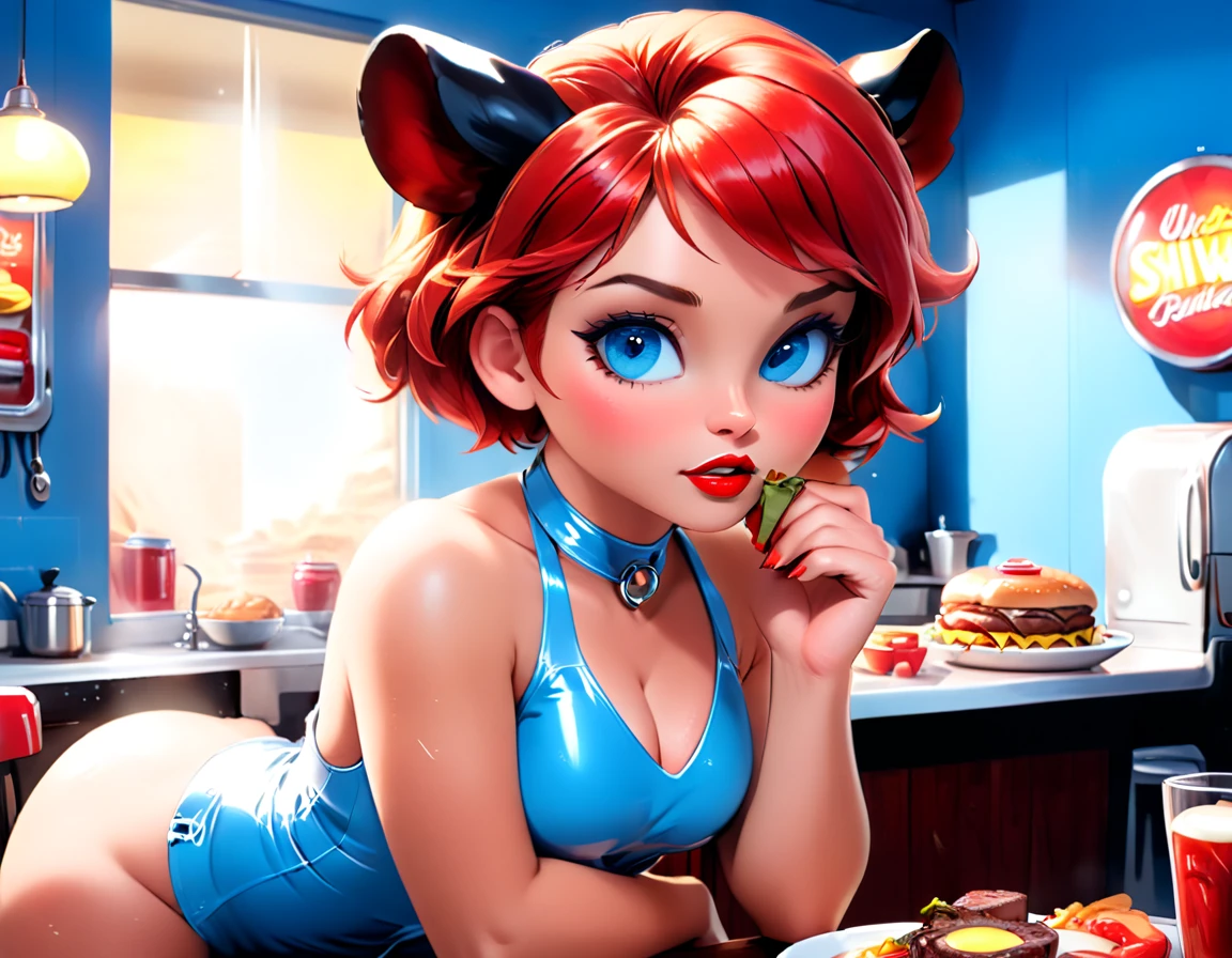 a 3D digital painting picture of extremely beautiful  (anthropomorphic cpw:1.3) serving a big sirloin steak in American diner, an exquisite beautiful female (cow anthropomorphic:1.3), ultra feminine ultra detailed face, red hair, short hair, little fury, red lips, blue eyes, wearing sexy white seductive latex dress, looking at a American  kitchen background,  dynamic angle, , award winning, best quality, high quality, high details, highres, vibrant, Ultra-high resolution, High Contrast, (masterpiece:1.5), highest quality, Best aesthetics, best details, best quality, highres, ultra wide angle, 16k, [ultra detailed], masterpiece, best quality,  photorealistic, 3D rendering, furry