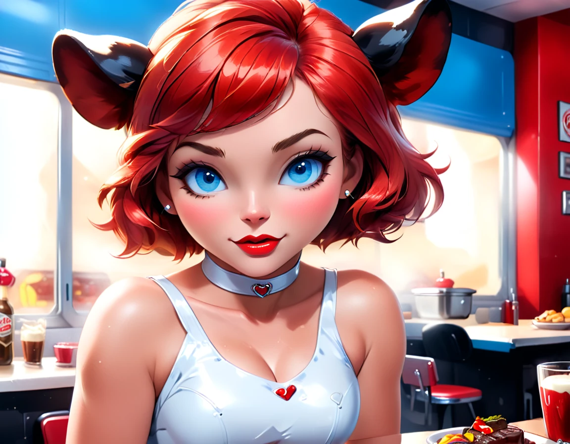 a 3D digital painting picture of extremely beautiful  (anthropomorphic cpw:1.3) serving a big sirloin steak in American diner, an exquisite beautiful female (cow anthropomorphic:1.3), ultra feminine ultra detailed face, red hair, short hair, little fury, red lips, blue eyes, wearing sexy white seductive latex dress, looking at a American  kitchen background,  dynamic angle, , award winning, best quality, high quality, high details, highres, vibrant, Ultra-high resolution, High Contrast, (masterpiece:1.5), highest quality, Best aesthetics, best details, best quality, highres, ultra wide angle, 16k, [ultra detailed], masterpiece, best quality,  photorealistic, 3D rendering, furry