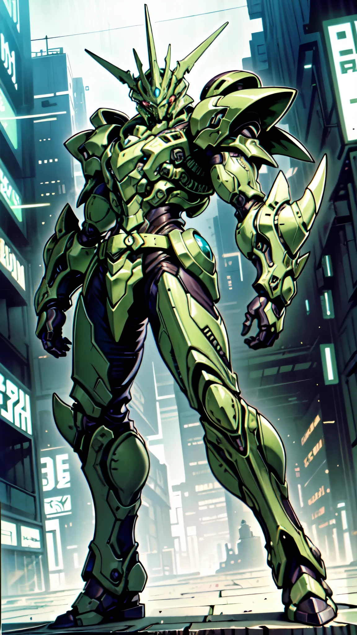 (masterpiece:1.5, best quality:1.5, extremely delicate:1.5, foreshortening:1.5, dynamic angle:1.5), a man wearing a full-face helmet, a fantasy-style biotech armored combat suit, green eyes, (a composite layered chest armor), fully enclosed shoulder guards, matching arm and leg guards, the belt is adorned with neon circuitry, (the color scheme is primarily black with green white accents), the design balances heavy with agility, a high-tech bio-mecha armor, (Armor Concept Inspired by neon Cyberpunk, stand on the top of a skyscraper in a futuristic sci-fi city), this character embodies a finely crafted fantasy-surreal style armored hero in anime style, exquisite and mature manga art style, (element, plasma, energy, the armor glows), ((male:1.5)), metallic, high definition, highres, ultra-detailed, ultra-fine painting, professional, perfect body proportions, golden ratio, anatomically correct, symmetrical face, extremely detailed eyes and face, high quality eyes, creativity, RAW photo, UHD, 32k, Natural light, cinematic lighting, masterpiece-anatomy-perfect
