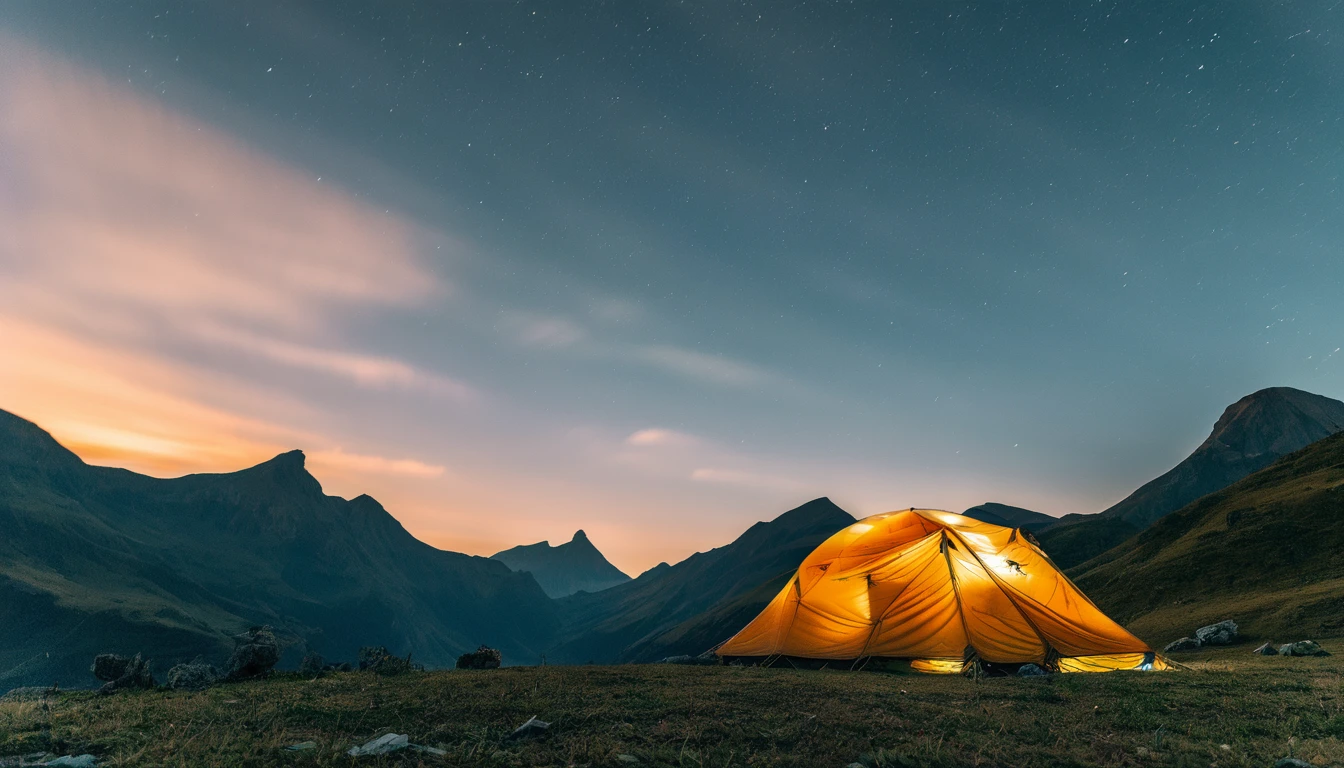 a tent is lit up at night in the mountains