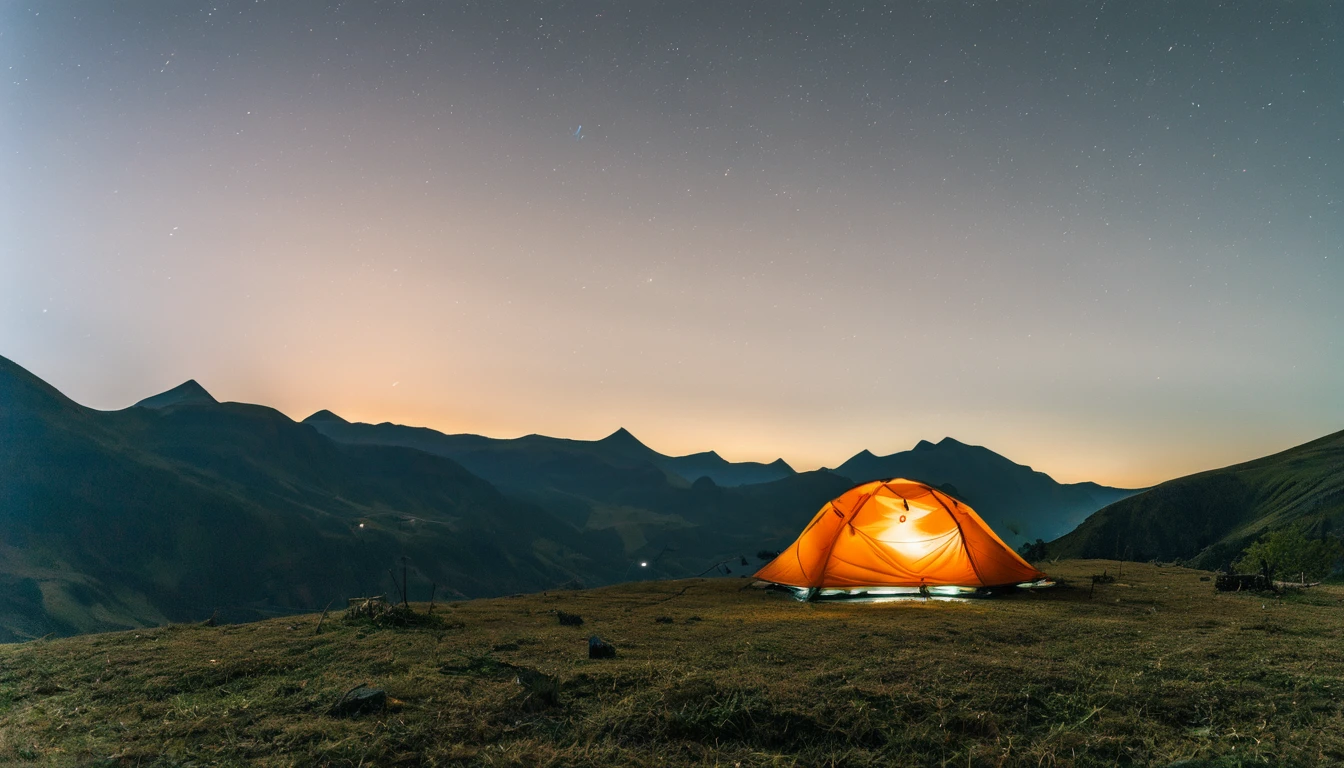 a tent is lit up at night in the mountains