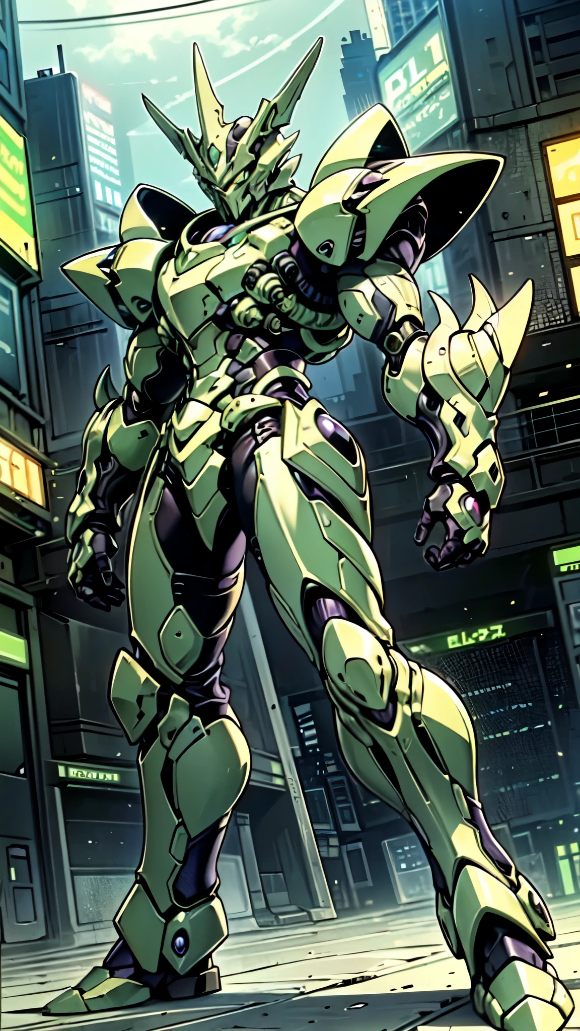 (masterpiece:1.5, best quality:1.5, extremely delicate:1.5, foreshortening:1.5, dynamic angle:1.5), a man wearing a full-face helmet, a fantasy-style biotech armored combat suit, green eyes, (a composite layered chest armor), fully enclosed shoulder guards, matching arm and leg guards, the belt is adorned with neon circuitry, (the color scheme is primarily black with green white accents), the design balances heavy with agility, a high-tech bio-mecha armor, (Armor Concept Inspired by neon Cyberpunk, stand on the top of a skyscraper in a futuristic sci-fi city), this character embodies a finely crafted fantasy-surreal style armored hero in anime style, exquisite and mature manga art style, (element, plasma, energy, the armor glows), ((male:1.5)), metallic, high definition, highres, ultra-detailed, ultra-fine painting, professional, perfect body proportions, golden ratio, anatomically correct, symmetrical face, extremely detailed eyes and face, high quality eyes, creativity, RAW photo, UHD, 32k, Natural light, cinematic lighting, masterpiece-anatomy-perfect