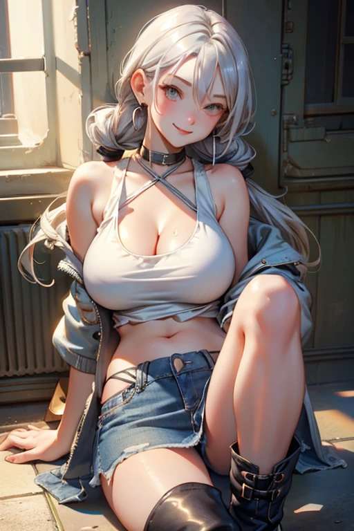 Short tank top、Big Tits、Very large breasts、Big Breasts、Cleavage、Silver Hair、Long twin tail hair、Belly button出し、Belly button、Damaged denim miniskirt、Thighs、Wink、piece、smile、Sunlight、Earrings、Knee-high boots、Sit on the ground with your knees raised and your legs wide open