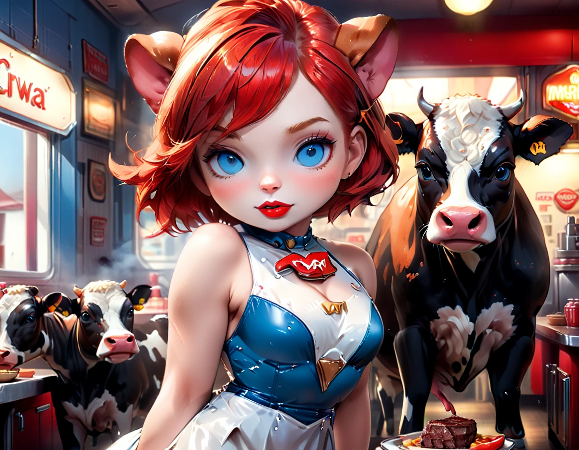 a 3D digital painting picture of extremely beautiful  (anthropomorphic cpw:1.3) serving a big juicy steak on a tray  in American diner, an exquisite beautiful female (cow anthropomorphic:1.3), (full body: 1.1) ultra feminine ultra detailed face, red hair, short hair, little fury, red lips, blue eyes, wearing sexy white seductive latex dress, looking at a American  kitchen background,  dynamic angle, , award winning, best quality, high quality, high details, highres, vibrant, Ultra-high resolution, High Contrast, (masterpiece:1.5), highest quality, Best aesthetics, best details, best quality, highres, ultra wide angle, 16k, [ultra detailed], masterpiece, best quality,  photorealistic, 3D rendering, furry