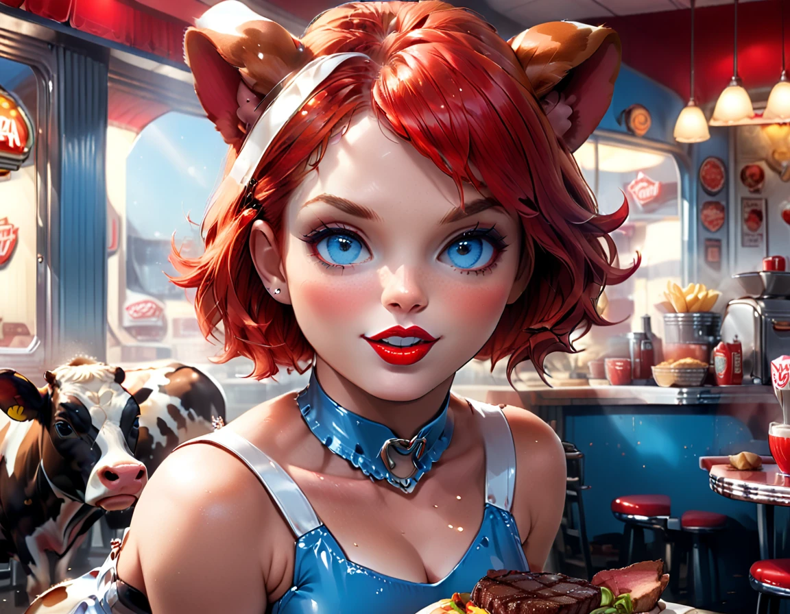 a 3D digital painting picture of extremely beautiful  (anthropomorphic cpw:1.3) serving a big sirloin steak in American diner, an exquisite beautiful female (cow anthropomorphic:1.3), ultra feminine ultra detailed face, red hair, short hair, little fury, red lips, blue eyes, wearing sexy white seductive latex dress, looking at a American  kitchen background,  dynamic angle, , award winning, best quality, high quality, high details, highres, vibrant, Ultra-high resolution, High Contrast, (masterpiece:1.5), highest quality, Best aesthetics, best details, best quality, highres, ultra wide angle, 16k, [ultra detailed], masterpiece, best quality,  photorealistic, 3D rendering, furry