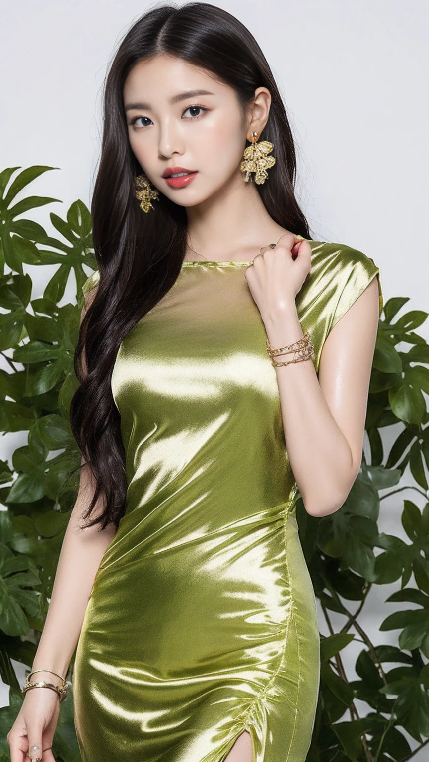 (Ultra-realistic 8K CG:1.2),Perfect artwork,Delicate pattern,Exquisite detail,(An unparalleled masterpiece,Highest quality:1.2),(Very complicated:1.2),K-Pop Idols,Korean Beauty,Korean mixed race,(One girl,alone:1.2),woman,Girlish,Bright Eyes,(Wet Skin,Browsing Caution:1.1),(Ridiculously long hair:1.4),Floating Hair,Wind,強Wind,hair accessory,(Silk and bow front:1.3),Earrings,Filigree,(Clothes are see-through,Translucent clothing,Bracelet:1.2),(Revealing clothing),jewelry,(horizon,Simple Background,Leaves and plants in the foreground :1.2),(China dress:1.2),(Purelos Face_v1:0.5), (Urzan-6500-v1.1:0.5),