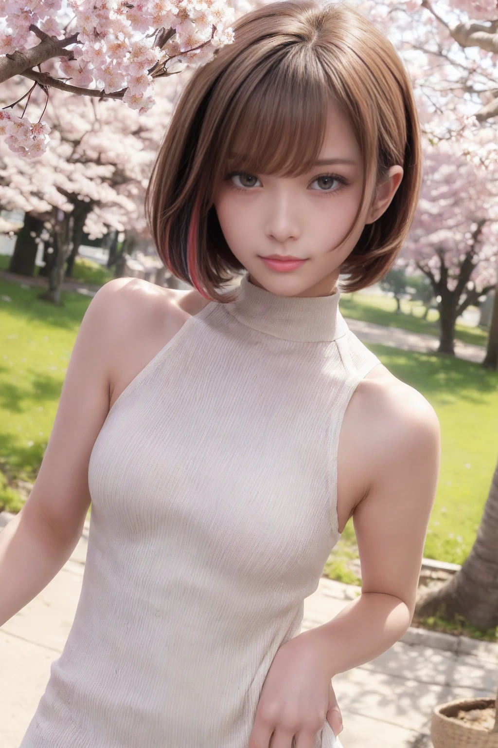 (masterpiece:1.3), high resolution, super detailed, highly detailed CG unity 8k wallpaper, realistic, photo-realistic, raw photo, beautiful detailed face, pale skin, realistic glistening skin, detailed cloth texture, detailed hair texture, perfect body, beautiful face, accurate, anatomically correct, highly detailed face and skin texture, natural neck length, (beautiful hands), full body portrait, breaking, fine eyes, symmetrical eyes, light brown eyes, double eyelids, thin eyebrows, (smile:1.2), (sexy lips:1.3), (glossy lips:1.4), breaking, (elegant and cute girl:1.3), ((wearing a sleeveless high neck halter white knit dress:1.3)), (fishnet stockings:1.2), (hard chest, shapely chest, slim figure:1.1), toned abs, (face waiting for a kiss:1.2), (smiling:1.1), (blonde, multi-colored short hair, ((swept bangs:1.2)), breaking, (standing under a cherry blossom tree:1.2), sunset, (focus on face:1.2), (cowboy shot), looking at viewer, (frontal:0.65)
