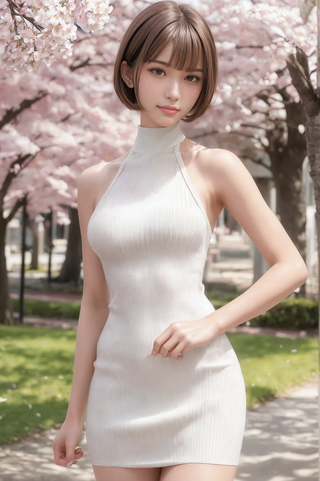 (masterpiece:1.3), high resolution, super detailed, highly detailed CG unity 8k wallpaper, realistic, photo-realistic, raw photo, beautiful detailed face, pale skin, realistic glistening skin, detailed cloth texture, detailed hair texture, perfect body, beautiful face, accurate, anatomically correct, highly detailed face and skin texture, natural neck length, (beautiful hands), full body portrait, breaking, fine eyes, symmetrical eyes, light brown eyes, double eyelids, thin eyebrows, (smile:1.2), (sexy lips:1.3), (glossy lips:1.4), breaking, (elegant and cute girl:1.3), ((wearing a sleeveless high neck halter white knit dress:1.3)), (fishnet stockings:1.2), (hard chest, shapely chest, slim figure:1.1), toned abs, (face waiting for a kiss:1.2), (smiling:1.1), (blonde, multi-colored short hair, ((swept bangs:1.2)), breaking, (standing under a cherry blossom tree:1.2), sunset, (focus on face:1.2), (cowboy shot), looking at viewer, (frontal:0.65)