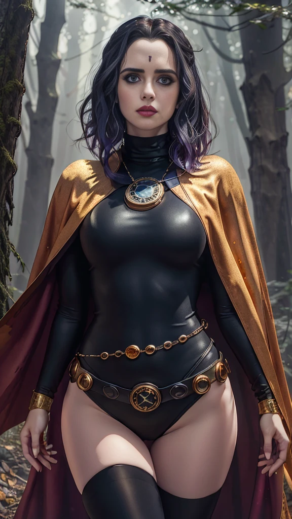 Laura Marano, cowboy shot of rvn, hotraven, pale skin, black leotard, turtleneck, tights, cape, glowing eyes, gold belt, jewels, medallion, athletic, looking at viewer, night, dark forest, mist, fog, volumetric lighting, best quality, masterpiece, intricate details, tonemapping, sharp focus, hyper detailed, realistic