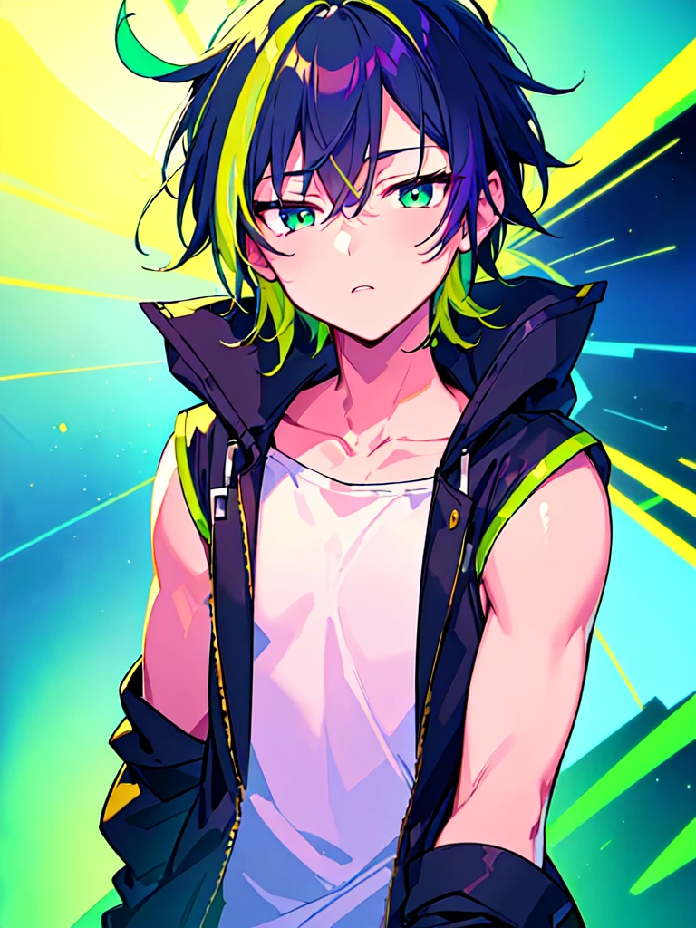 [(SUMMER BACKGROUND:1.5),::5], ((((masterpiece)))), high quality, ultra very high resolution, full color, (((solo))), ((little boy)), Purple hair, ((Green streaked hair)), (Green eyes), anime, ((upper body)), neon light, black parka, SEA, SUNSET