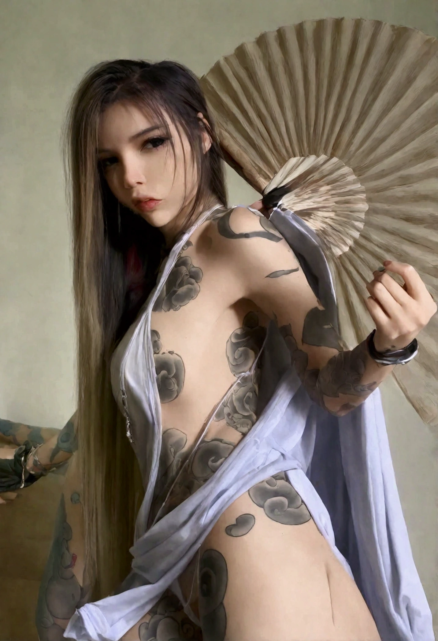 A cute woman (sexy small outfit, tattoos) in a rock music video, pouting, sexy pose near a bedroom, a fan makes a strong wind blowing her hair (show her from head to toe, show all of her)
