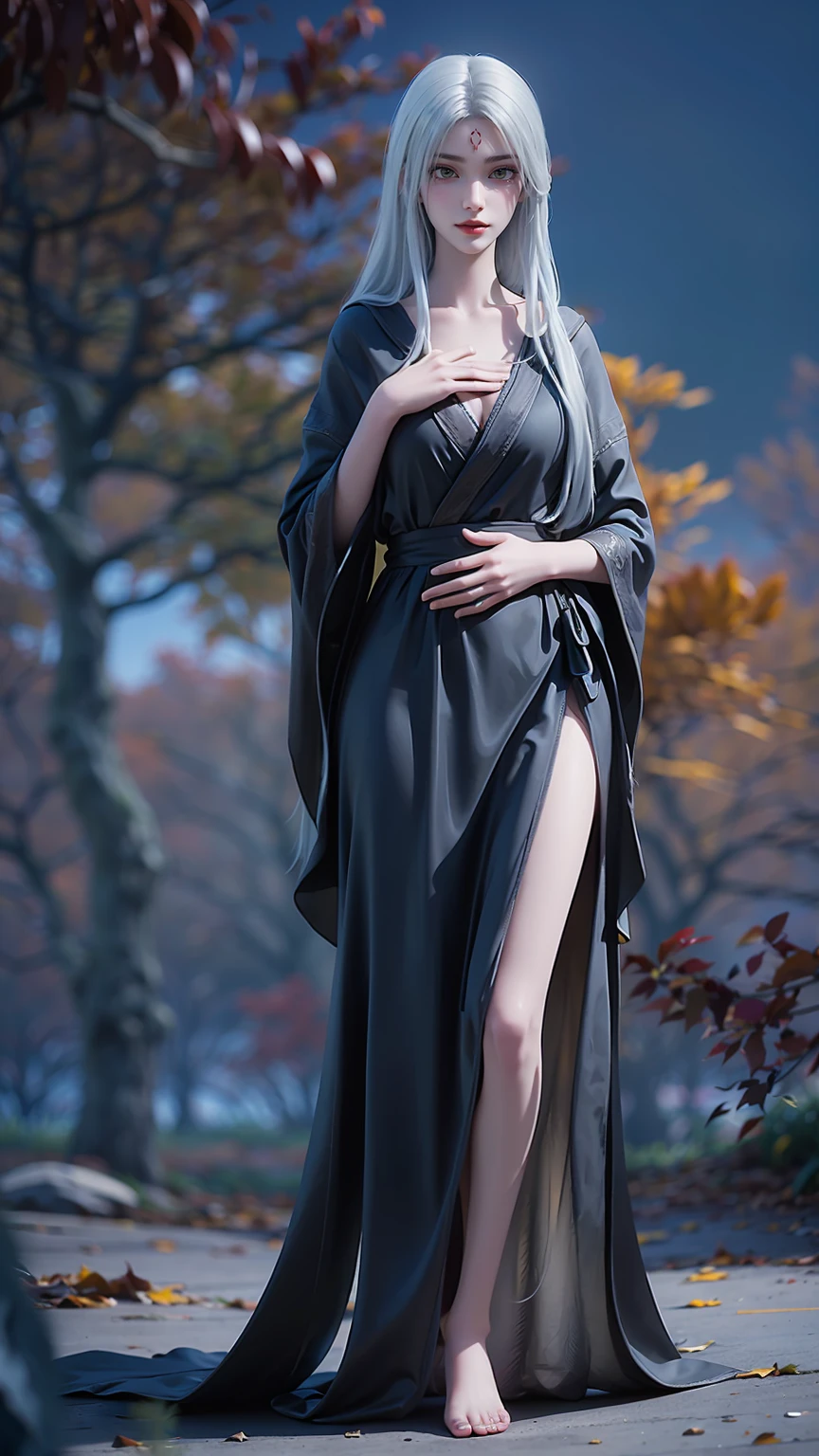 A beautiful young woman,Long hair,Wearing pajamas,Sitting on the bed,barefoot,Wearing a dress,Side-lying,Cross-legged,Full body shot,(Best picture quality,4K,8K,high-definition,excellent work:1.2),Ultra Detail,(Realistic,Realistic,Realistic:1.37),Delicate eyes,Delicate lips,Extremely detailed face and eyes,Long eyelashes,Natural light,Warm colors,Soft Focus,portrait,Chiaroscuro,Deep scene,Jade Hands,Clear fingers,(((白色Long hair))),(((Green eyes)),((Black robe)),((Place one hand on your chest))