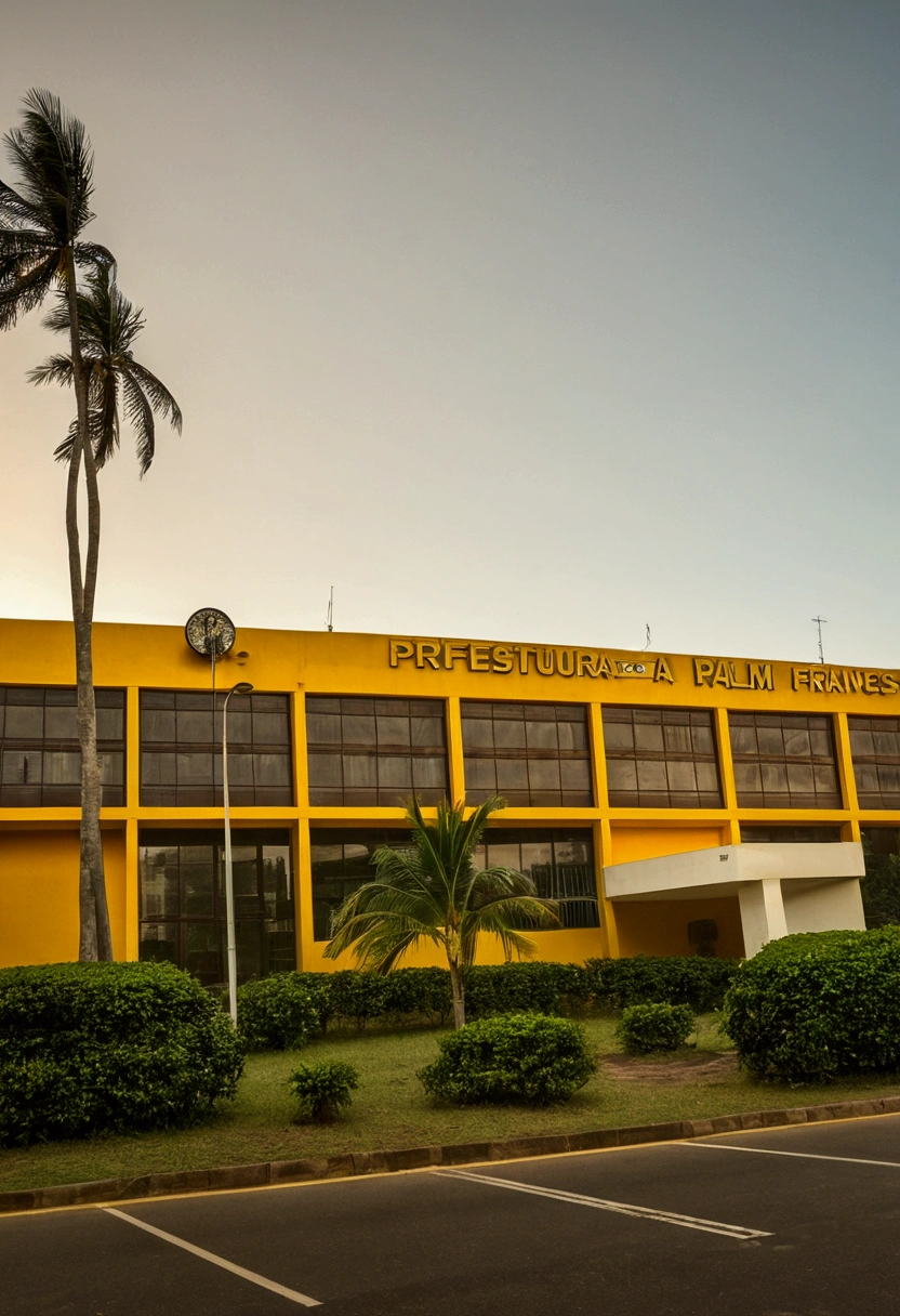 fanned palm trees in front of a building with a sign, by Prefeitura Manaus, schools, riverside, external photo, full - view, by Almeida Júnior, outer, by Antônio Parreiras, imagem empilhada, henrique alvim corrêa, Top Quality Photos, by Manuel Franquelo, futuristic tall buildings behind the city hall building