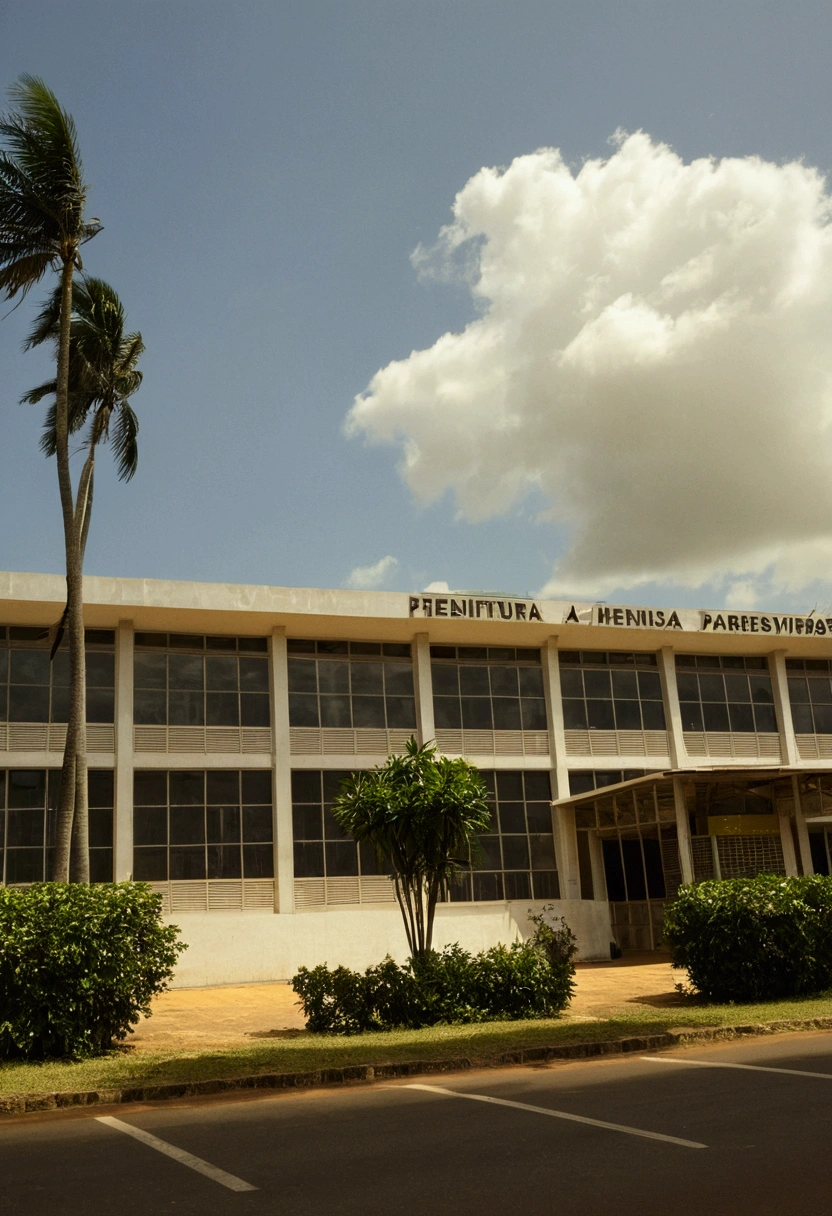 fanned palm trees in front of a building with a sign, by Prefeitura Manaus, schools, riverside, external photo, full - view, by Almeida Júnior, outer, by Antônio Parreiras, imagem empilhada, henrique alvim corrêa, Top Quality Photos, by Manuel Franquelo, futuristic tall buildings behind the city hall building