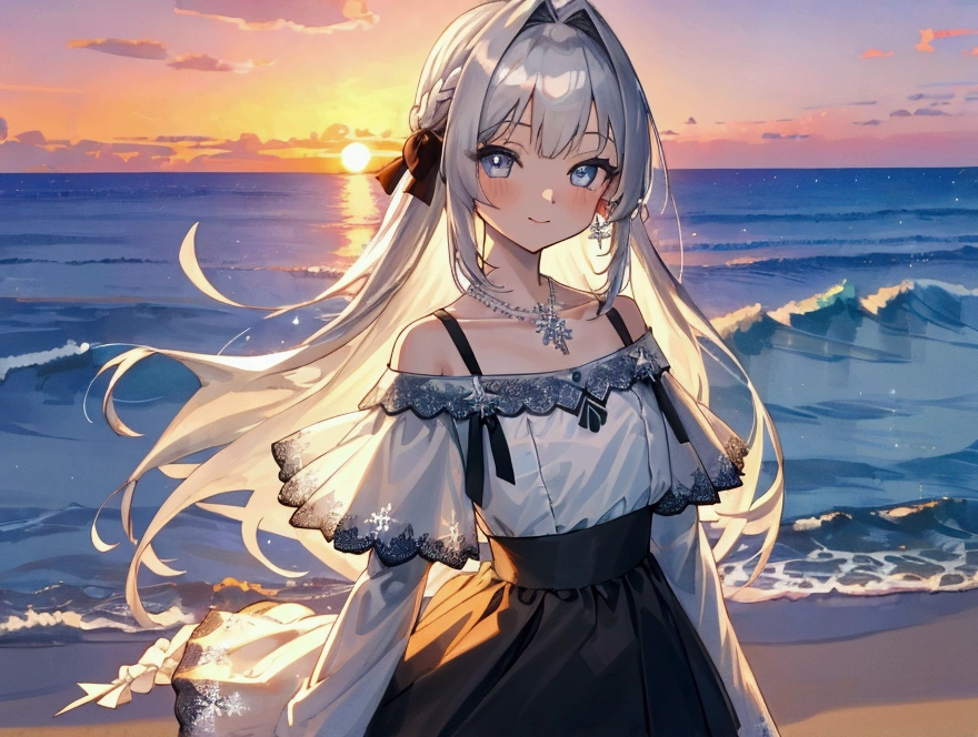 ((masterpiece, high quality)),((4k, beautiful cute eyes, sunset,)),1girl standing at a beach side, looking at viewer, white skin, slightly parted gentle smile, silver long-hair, grey-bluish eyes, slender physique with naturally proportioned upper body, small-diamond snowflake necklace, white off-shoulder straps ruffled blouse, greyish high-waisted a-line mini skirt with lace trim.